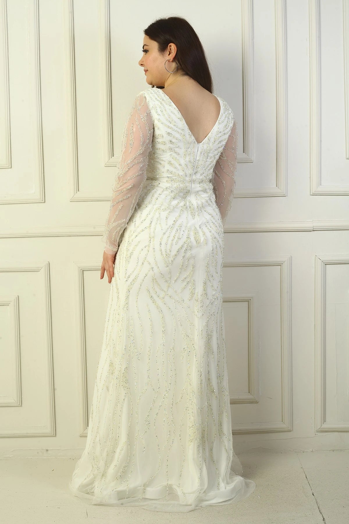Image of Front and Back V-Neck, Tulle Sleeves, Lined, Embellished Long Plus Size Dress