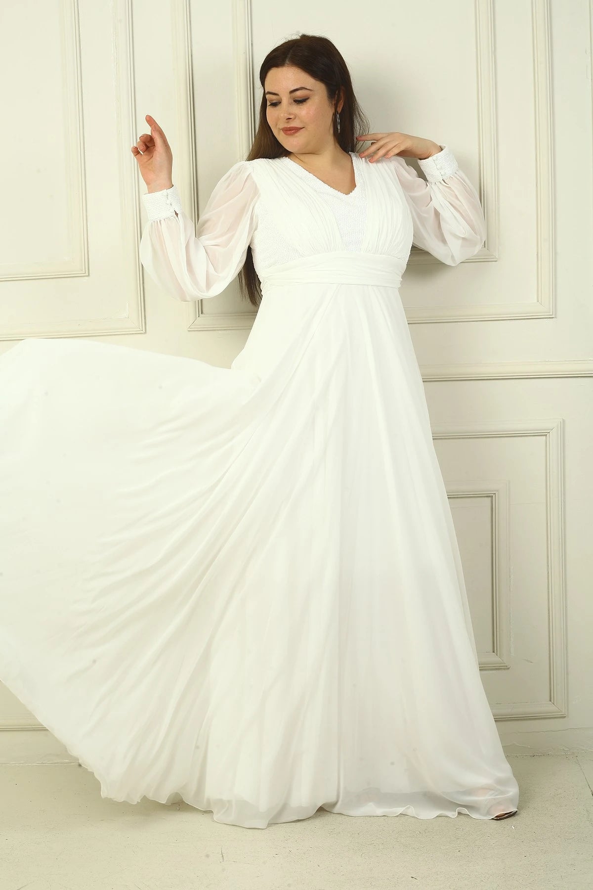 Image of Women's Front and Back V-Neck Sequined Lined Plus Size Long Chiffon Evening Dress