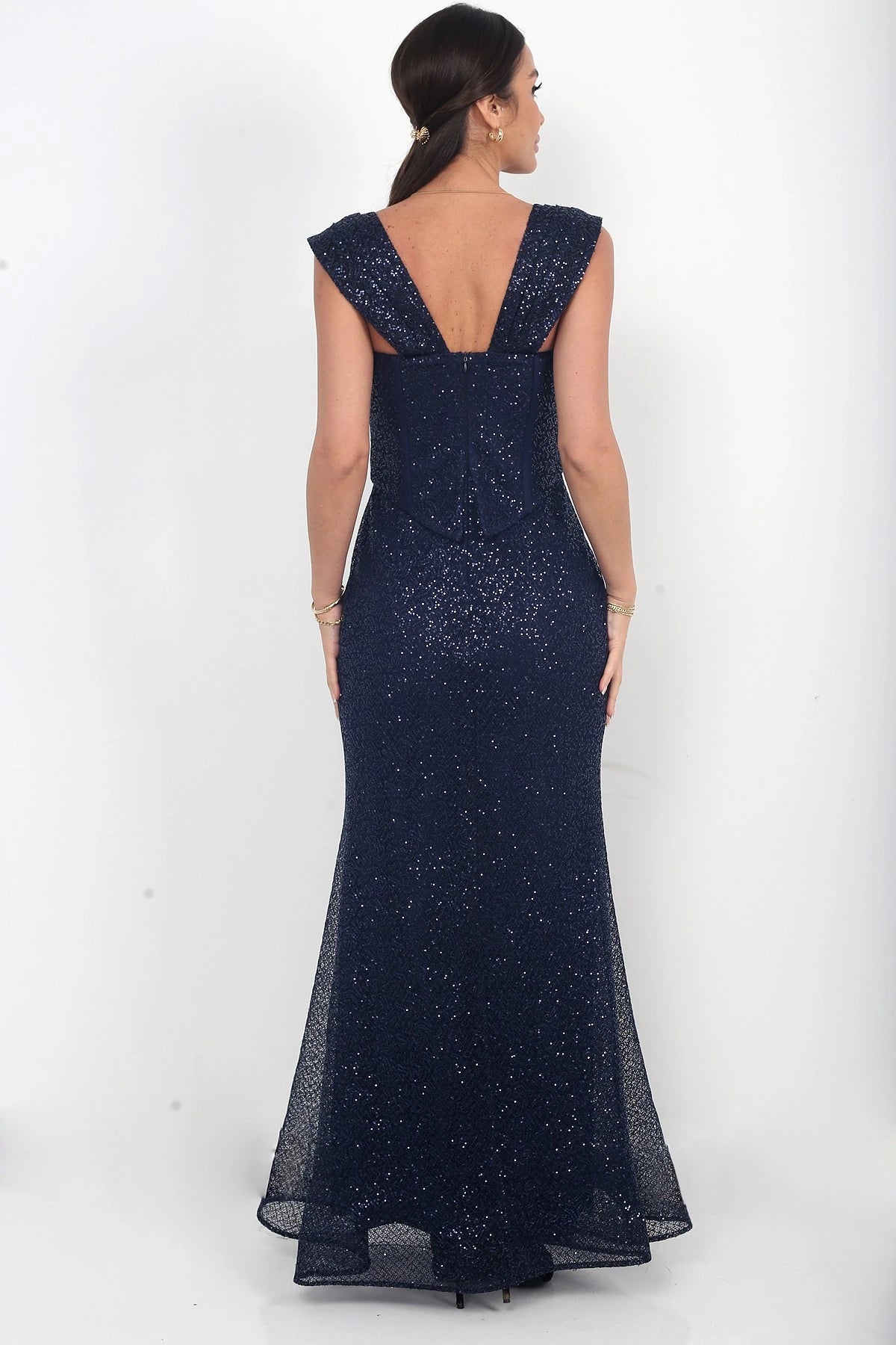 Image of Women's Strapless Bustier Low-Sleeved Lined Mesh Fishtail Dress with Waistband