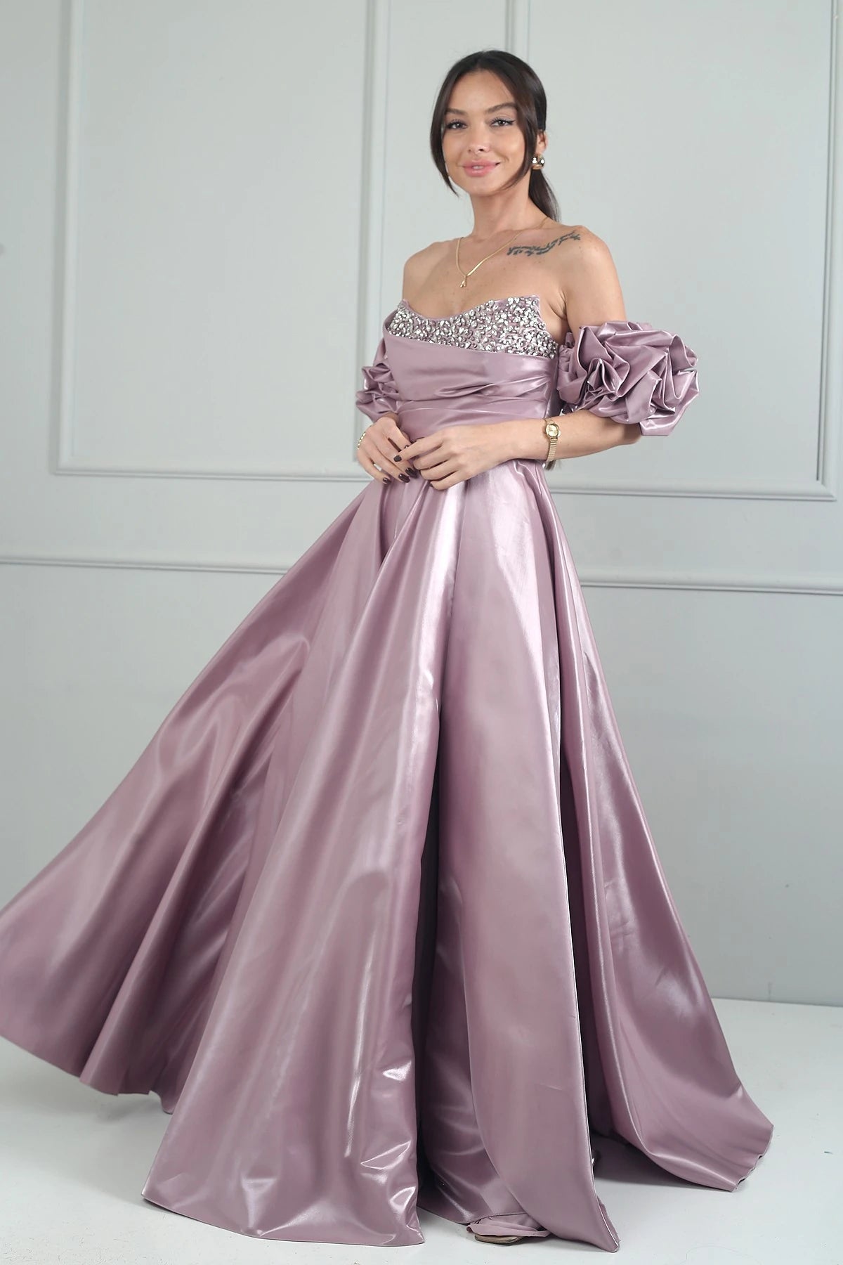 Image of Women's Strapless Balloon Sleeve Lined Long Satin Dress with Stone Embellishments