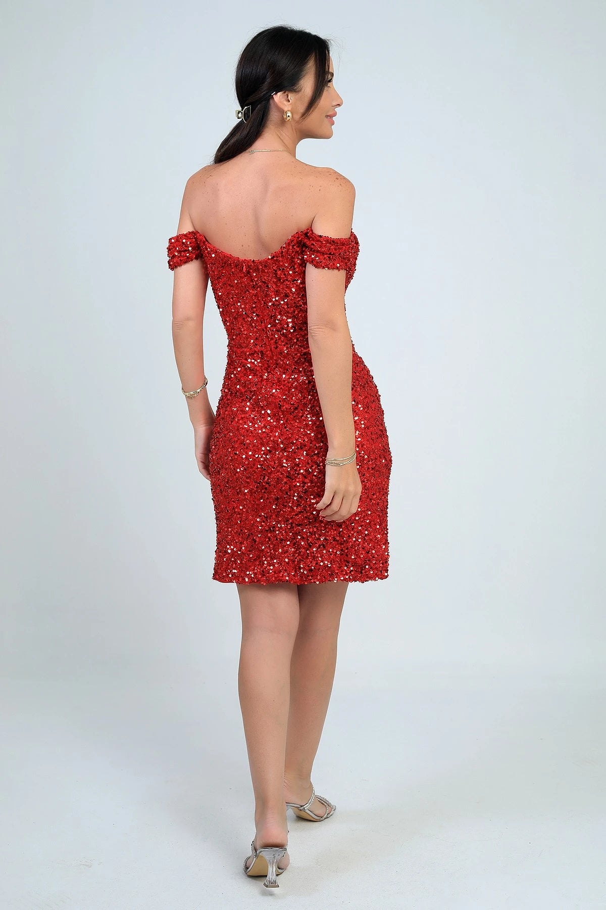 Image of Women's Madonna Neckline Lined Short Dress with Knot Detail and Underwired Sequins
