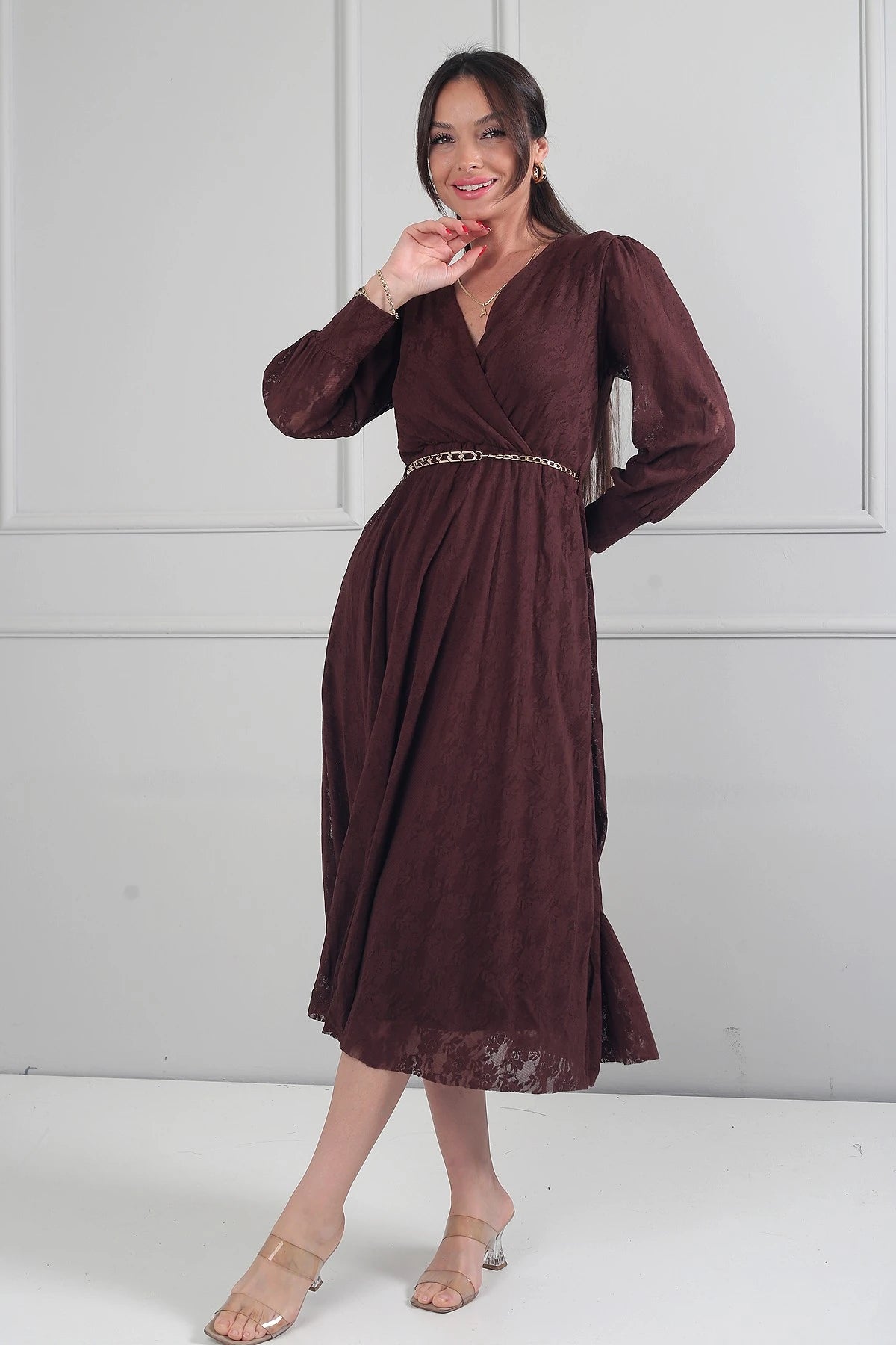 Image of Rochie midi din dantelă cu mânecă lungă și căptușeală, cu decolteu înfășurat și decolteu înfășurat pentru femei