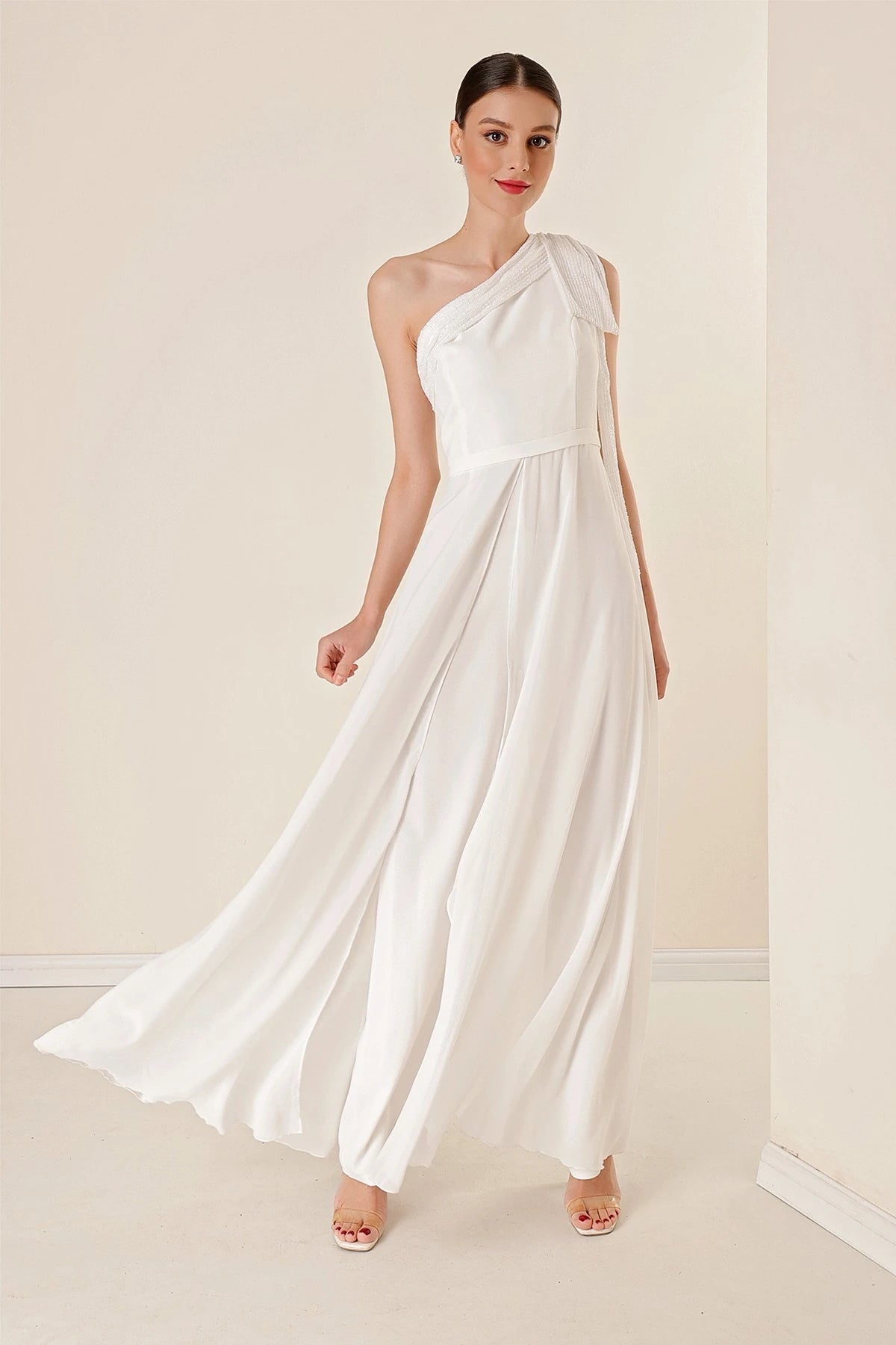 Image of Sequin Collar One-Shoulder Chiffon Crepe Jumpsuit
