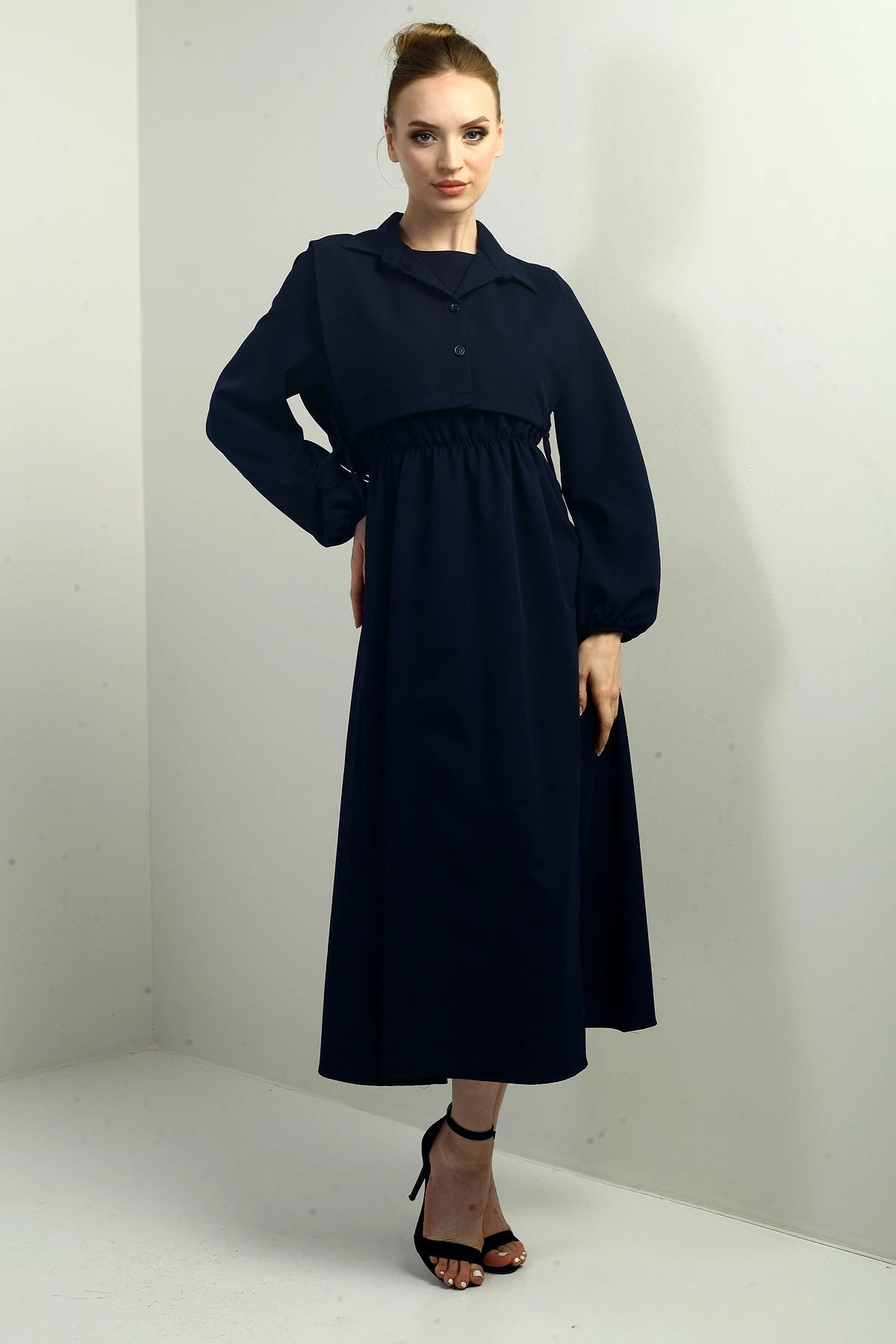 Image of Women's Button-Down Detachable Vest, Elastic Waist, Long-Sleeved Midi Dress