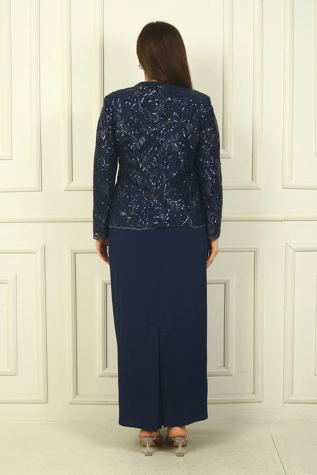 Image of Women's Sequin Embellished Beaded Tulle Jacket, Half-Moon Sleeve Long Dress, Lined Crepe, Plus Size 2-Piece Set