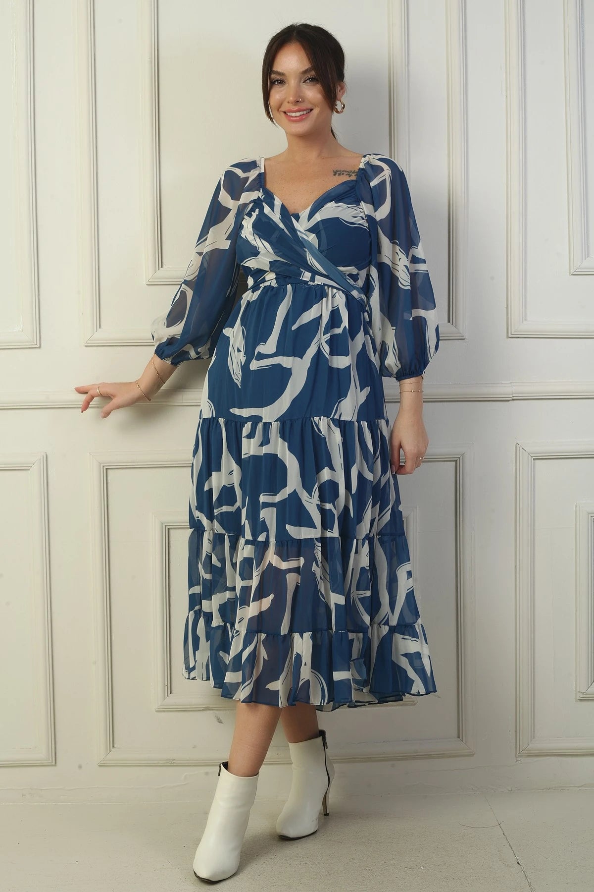 Image of Madonna Neckline Lined Cross-Tie Abstract Pattern Wrap Chiffon Dress