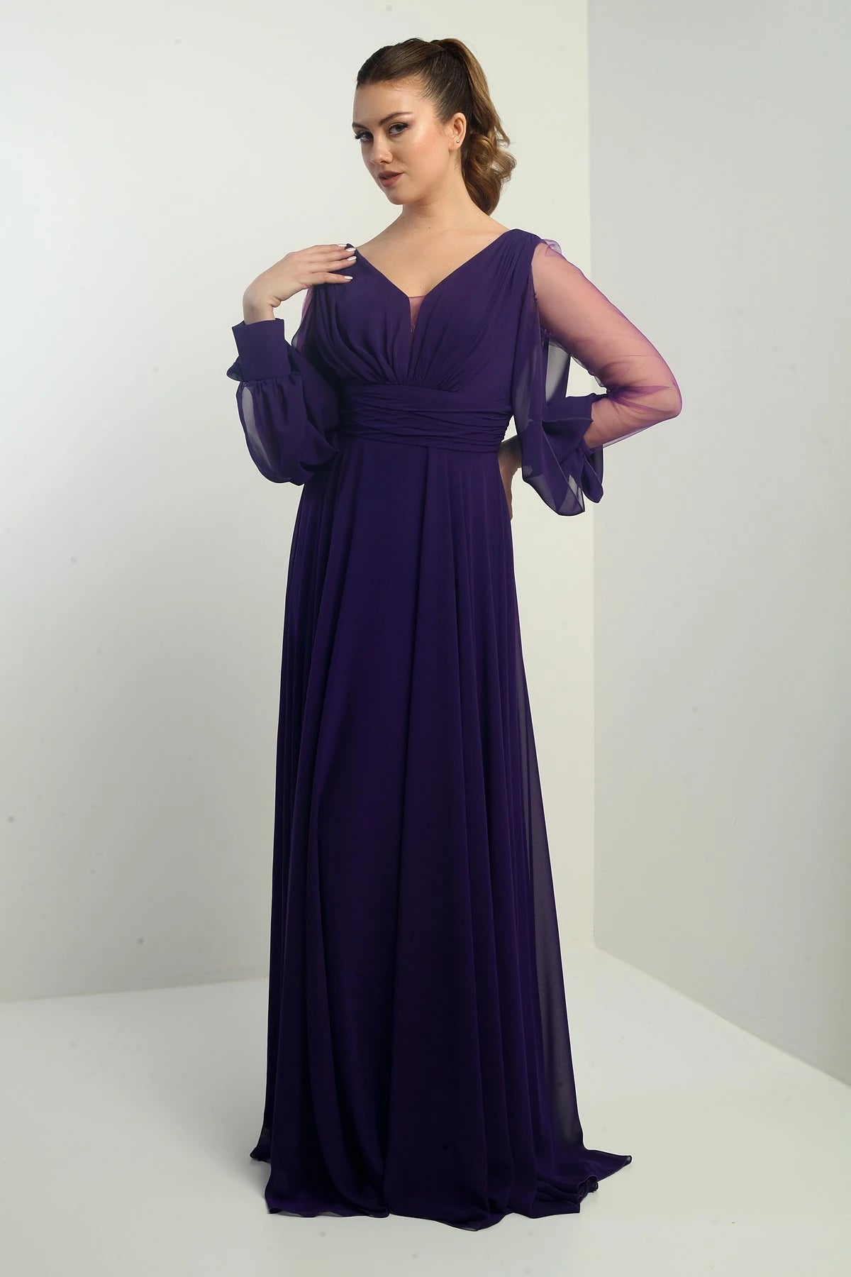 Image of Front and back V-neck, draped front, tulle sleeves, lined, wide-length chiffon dress.