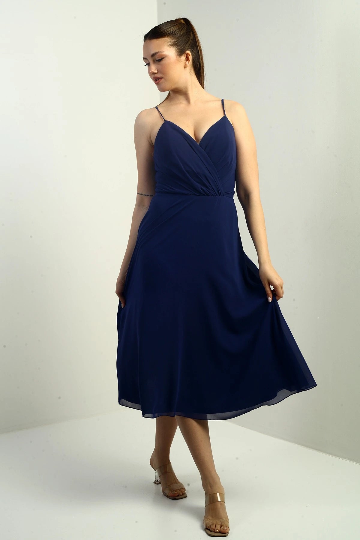 Image of Women's Strappy Wrap Neckline Lined Lace-Up Back Flared Chiffon Dress