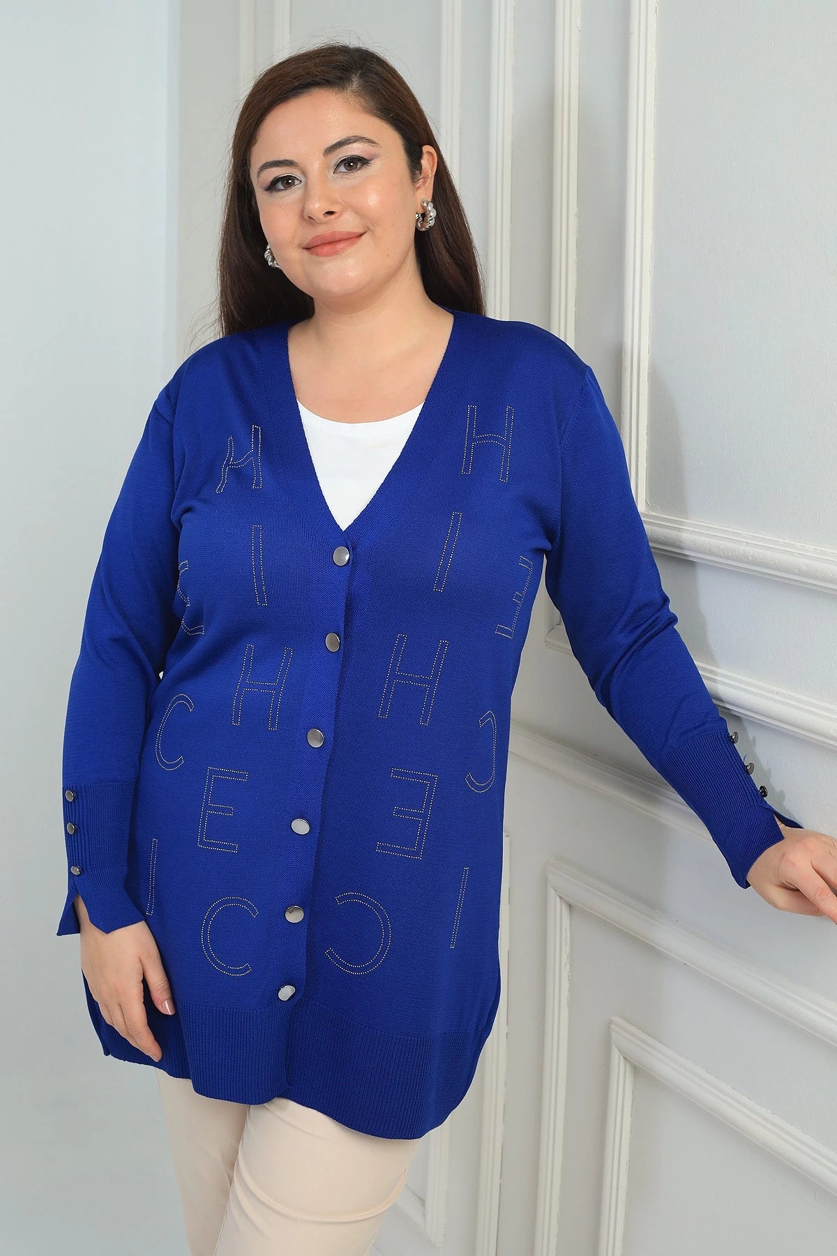 Image of Women's Plus Size Cardigan with Button Detail on Sleeves and Stone Letter Print, Cold Yarn.