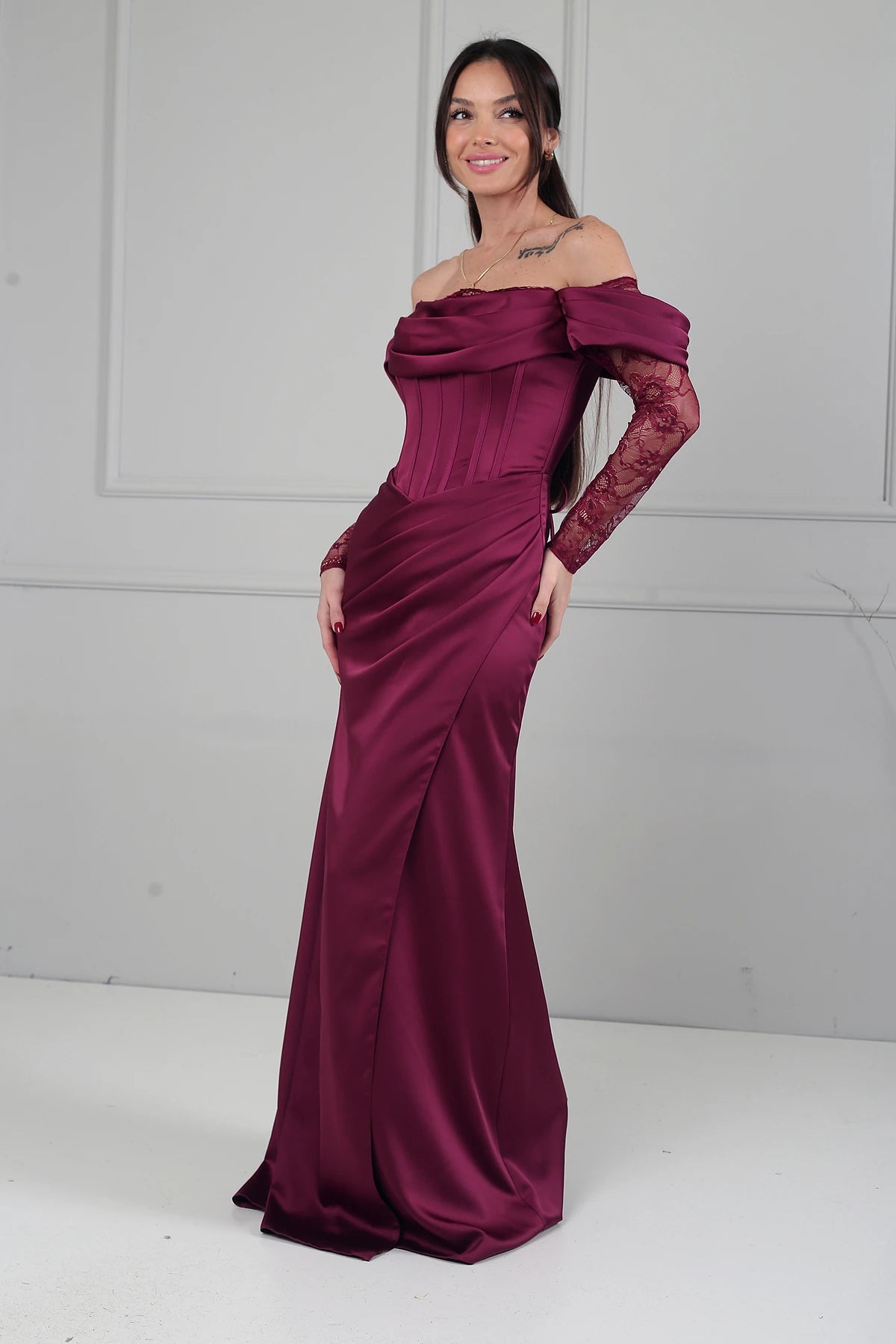 Image of Women's Boat Neck Lace Sleeve Lined Long Satin Dress