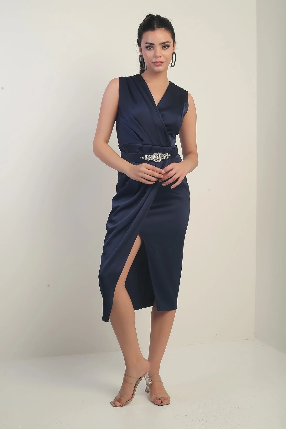 Image of Women's Wrap Neckline Front Pleated Belted Crepe Satin Dress