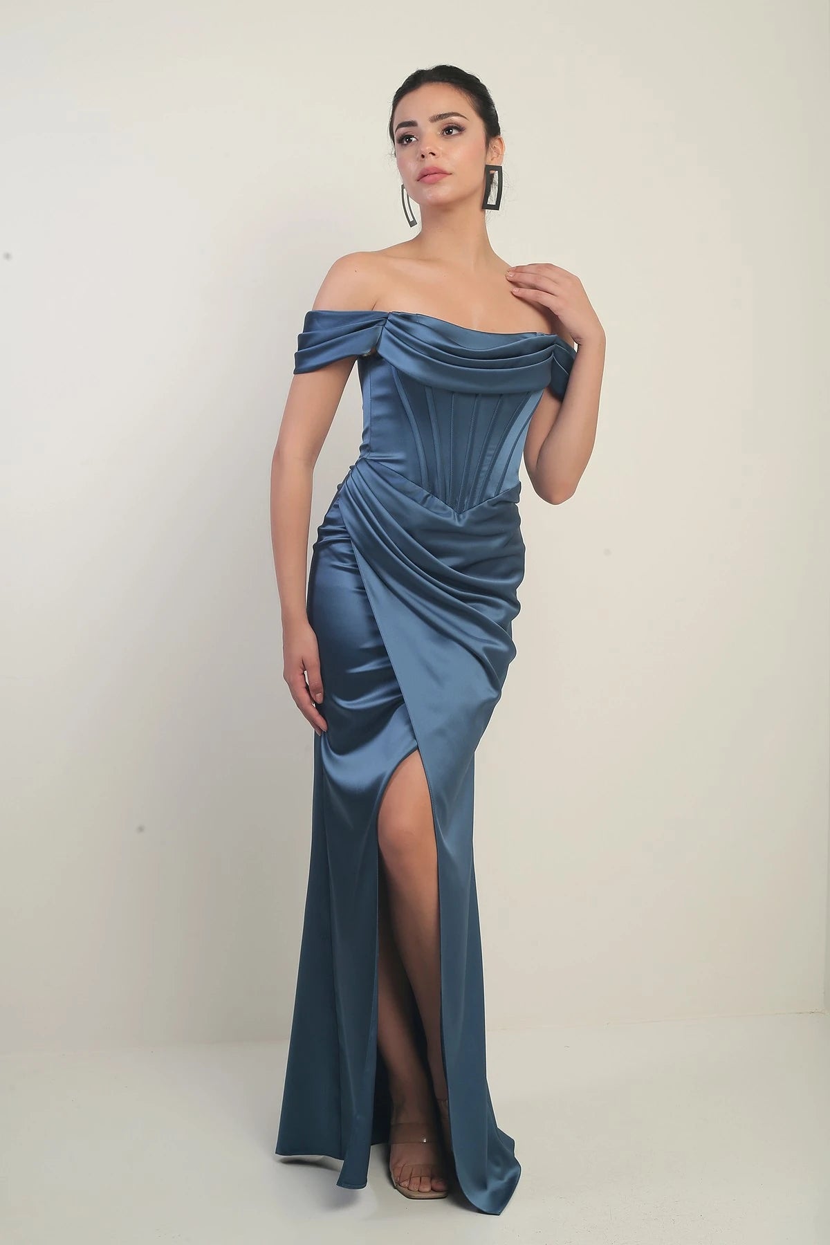 Image of Women's Strapless Low-Sleeve Lined Underwired Satin Long Dress