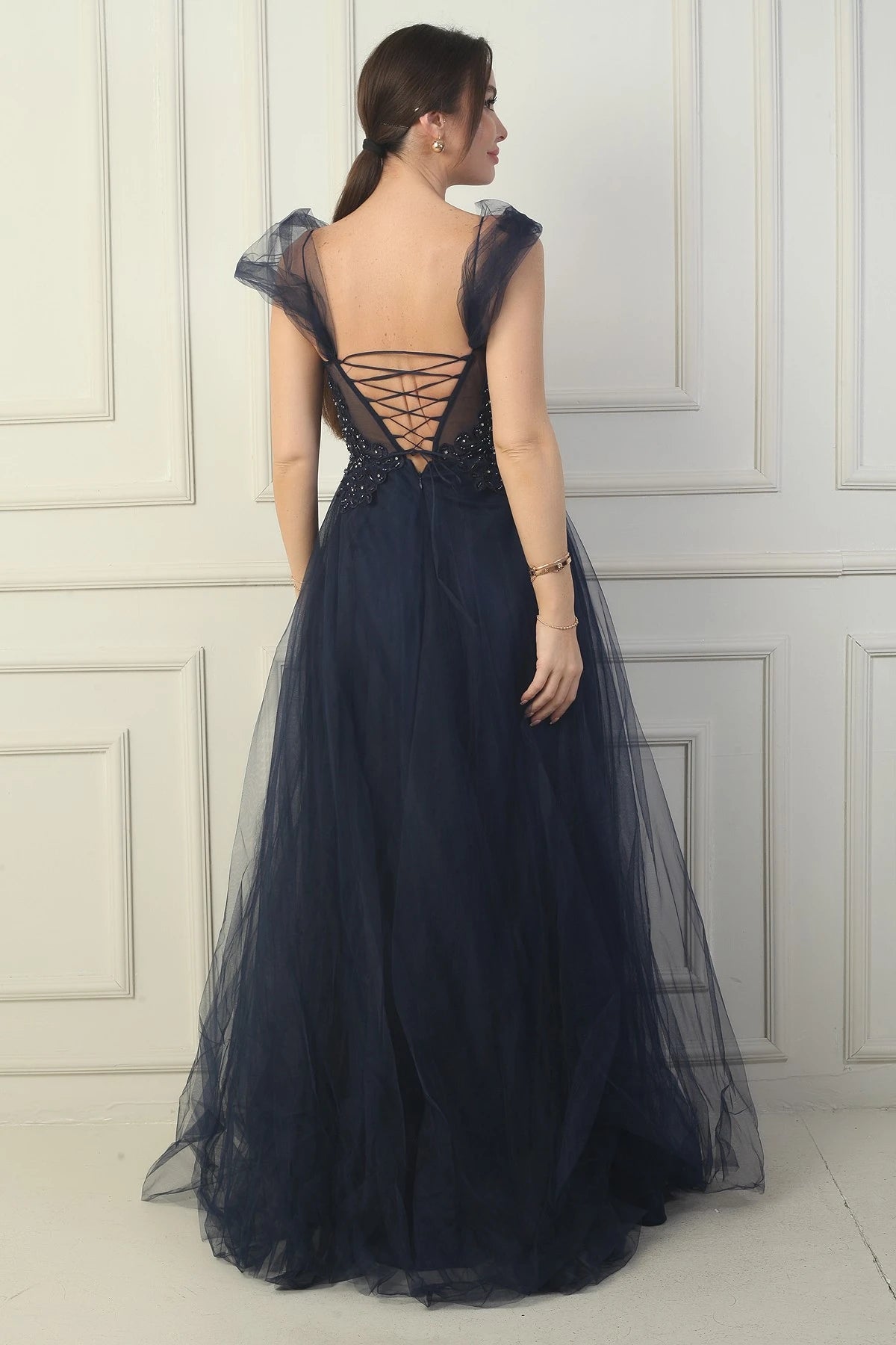 Image of Women's Front and Back V-Neck Lined Dropped Sleeves Princess Evening Dress with Applique Embroidery on Top