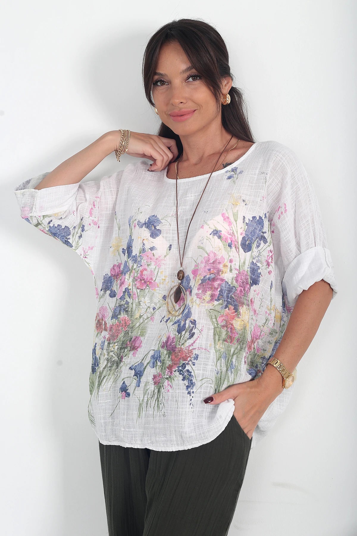 Image of Kadın İtalyan Cotton Çiçek Desenli Oversize Bluz