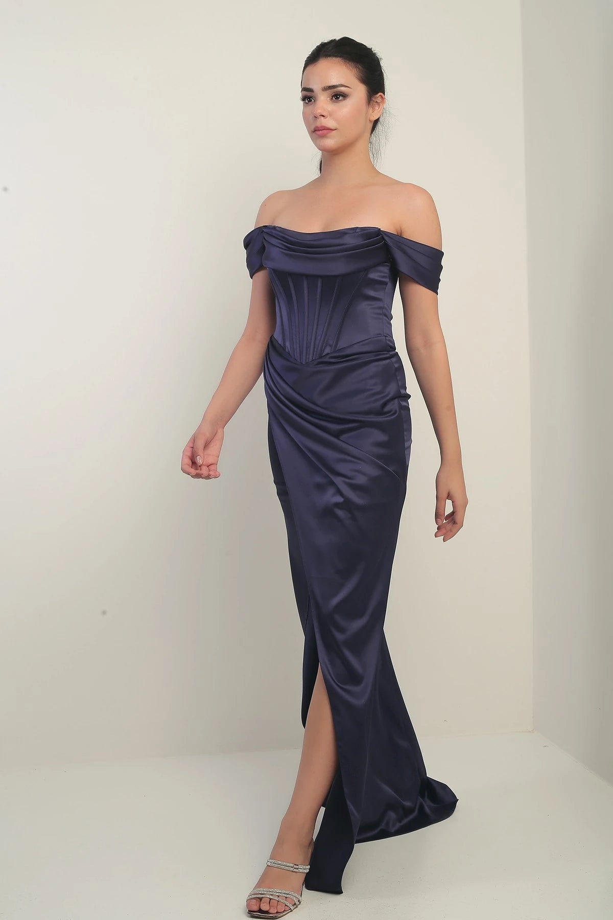 Image of Women's Strapless Low-Sleeve Lined Underwired Satin Long Dress