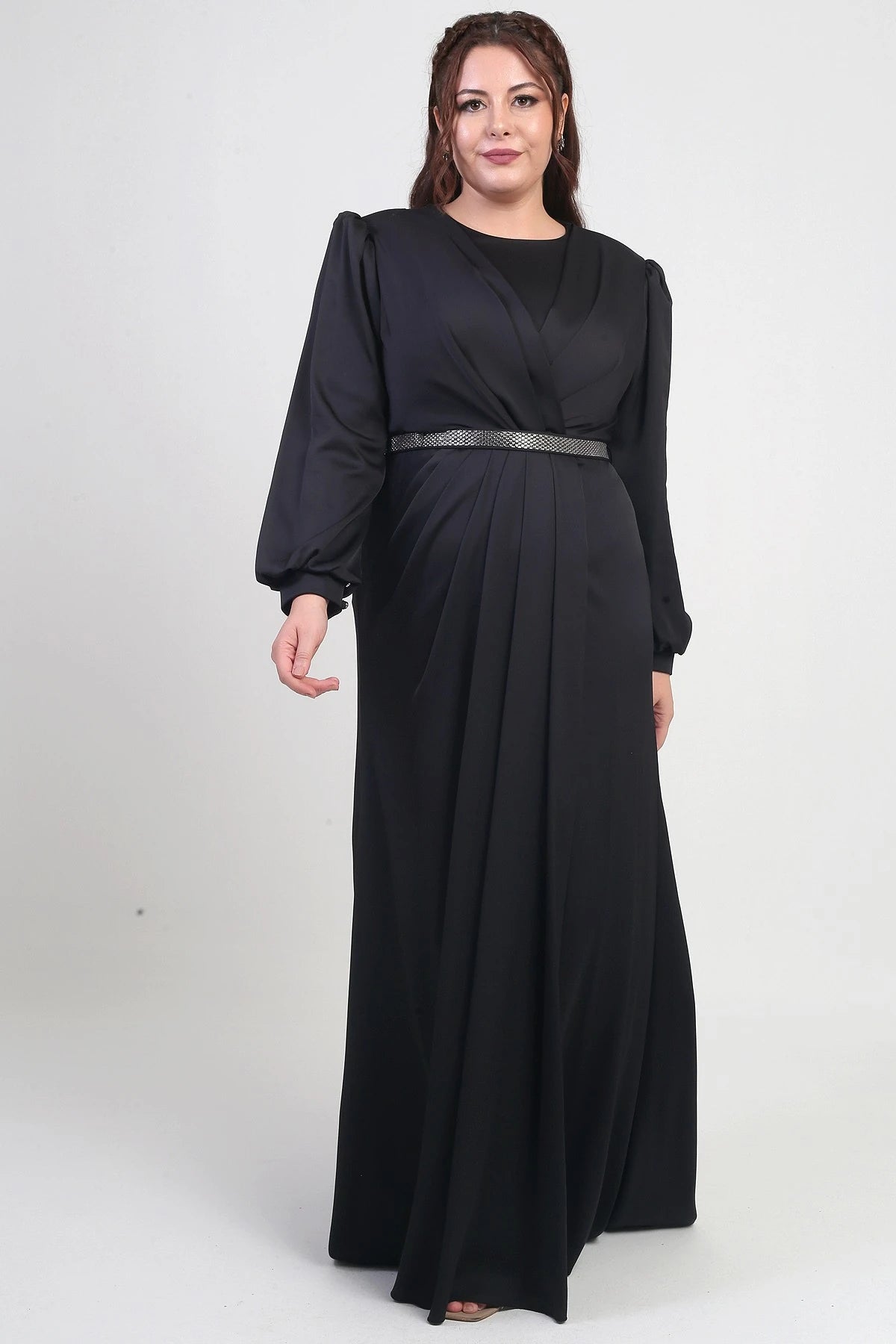 Image of Women's Wrap-Neck Look Pleated Lined Long Satin BB Dress