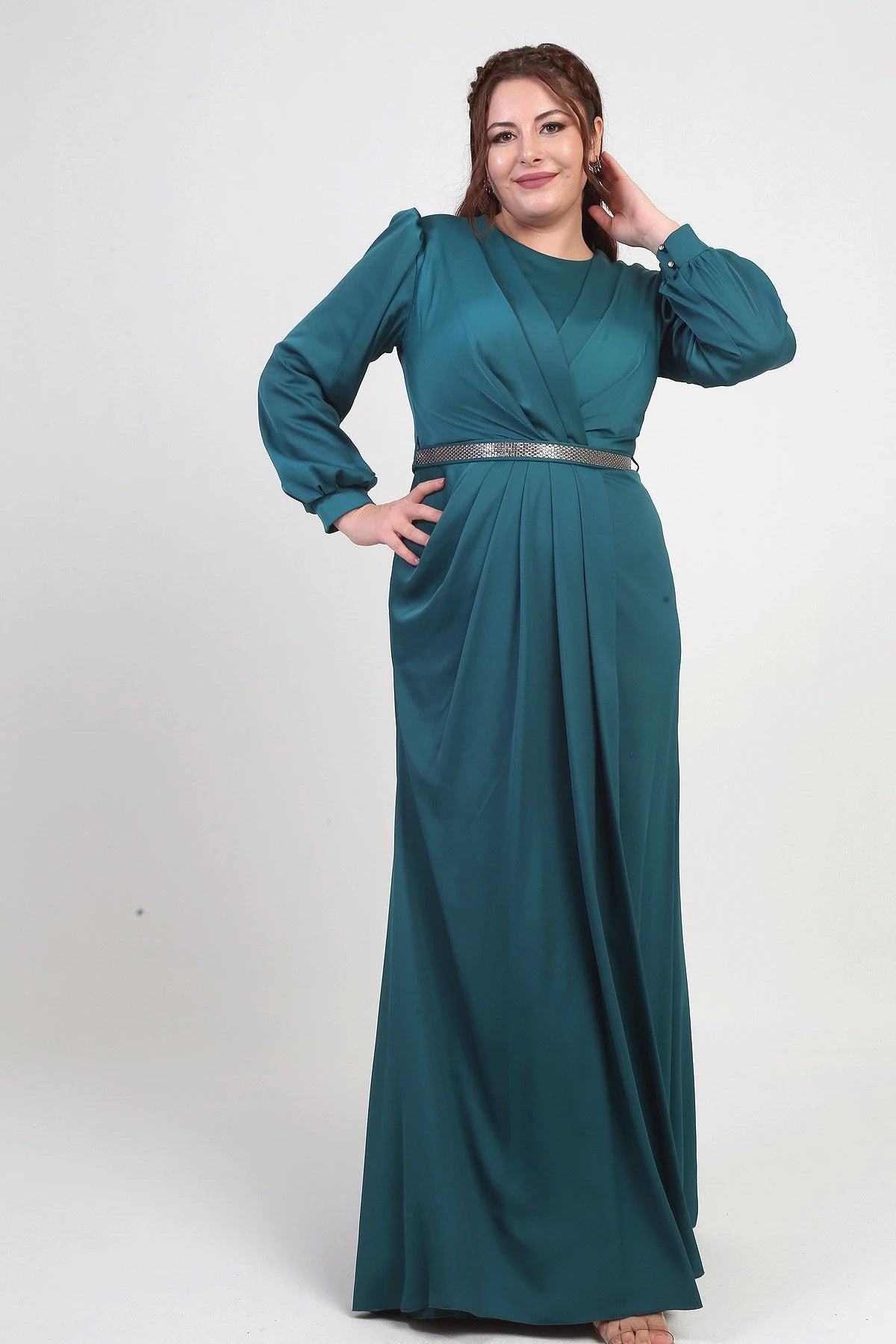 Image of Women's Wrap-Neck Look Pleated Lined Long Satin BB Dress
