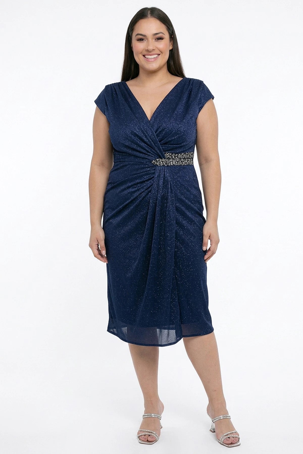 Image of Women's Wrap Neckline Half-Moon Sleeve Lined Plus Size Short Dress with Rhinestone and Glitter Embellishment at the Waist