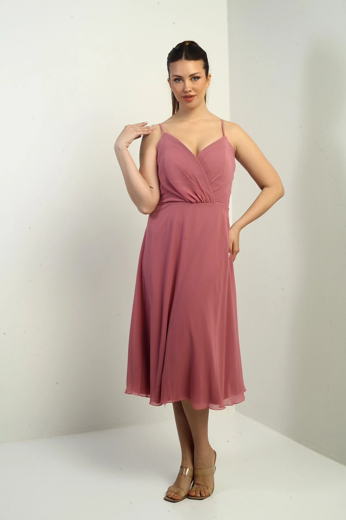 Image of Women's Strappy Wrap Neckline Lined Lace-Up Back Flared Chiffon Dress