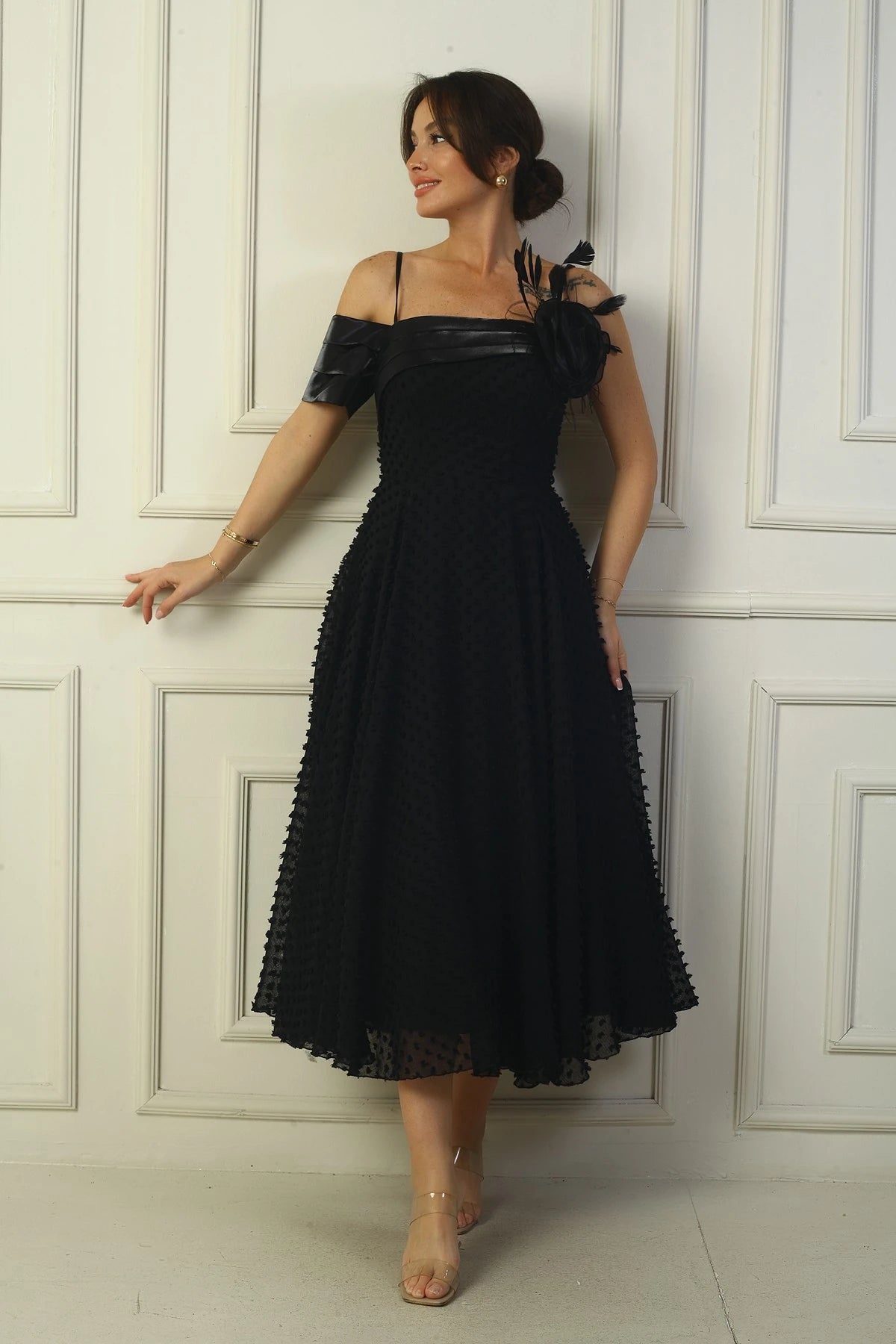 Image of Women's Strappy, Back Lace-Up, Dropped One-Sleeve Dress with Feather Brooch, Lined, and Glossy Fabric.