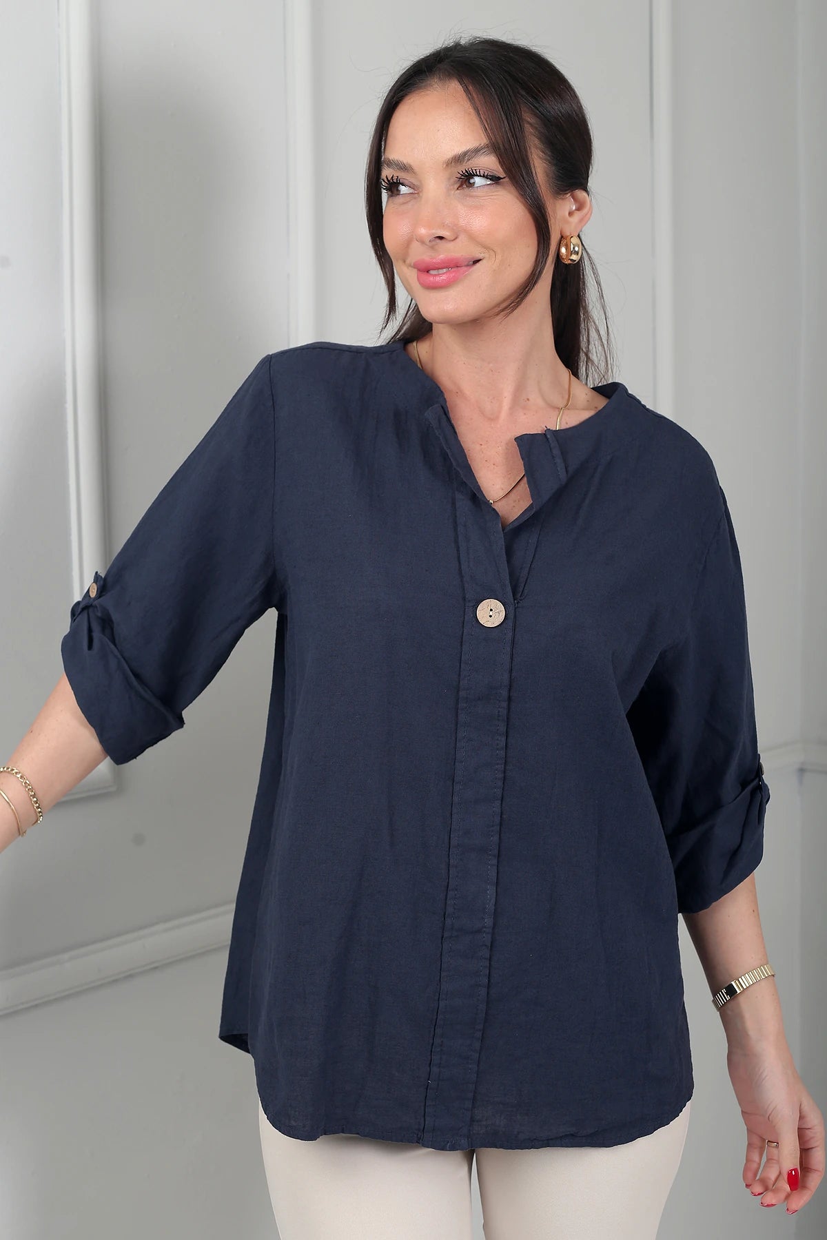 Image of Kadın Düğme Detaylı İtalyan Cotton Oversize Bluz