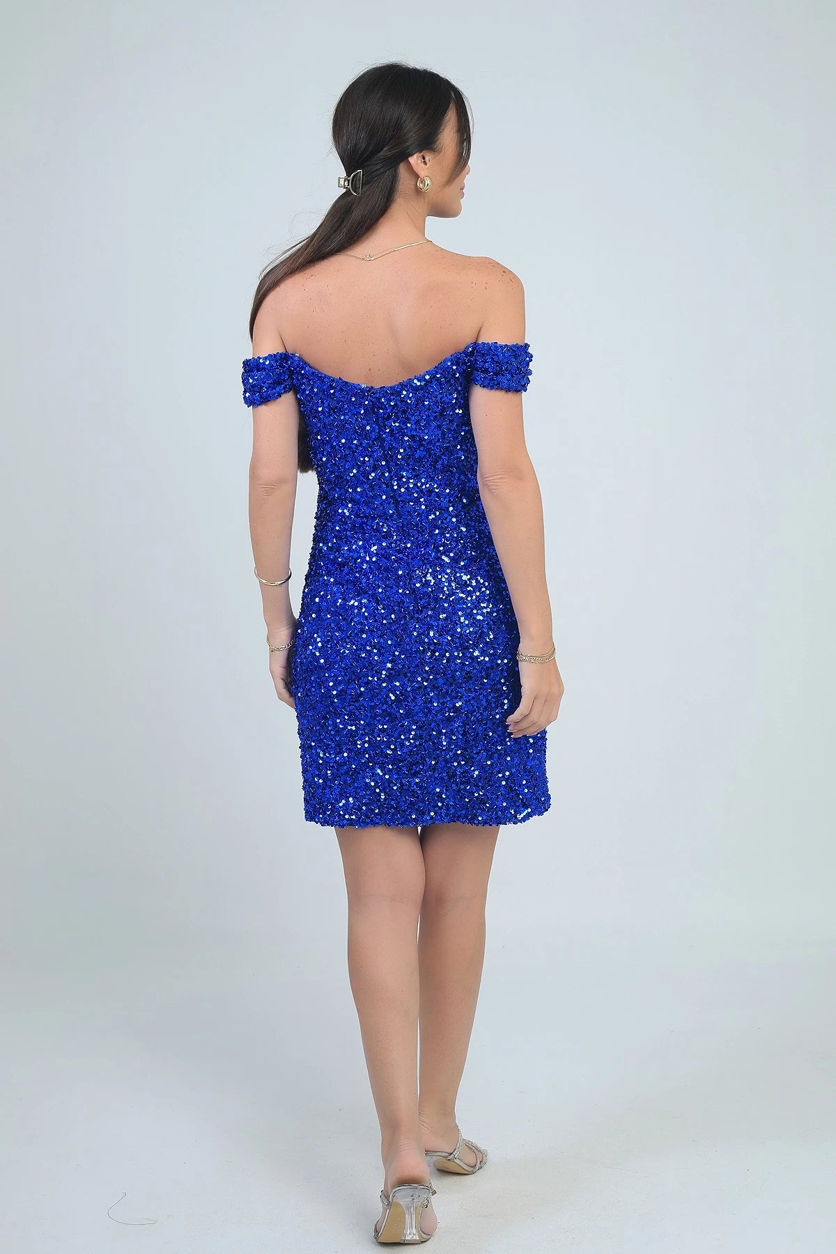 Image of Women's Madonna Neckline Lined Short Dress with Knot Detail and Underwired Sequins