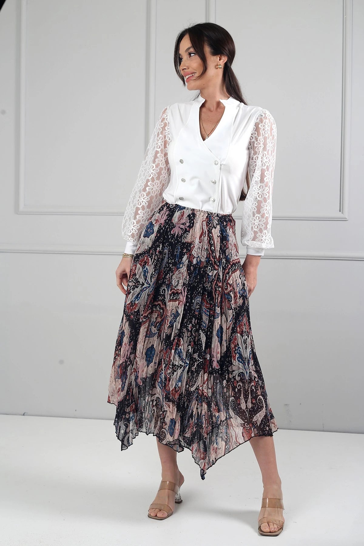 Image of Women's Elastic Waist Lined Shawl Patterned Triangle Midi Skirt