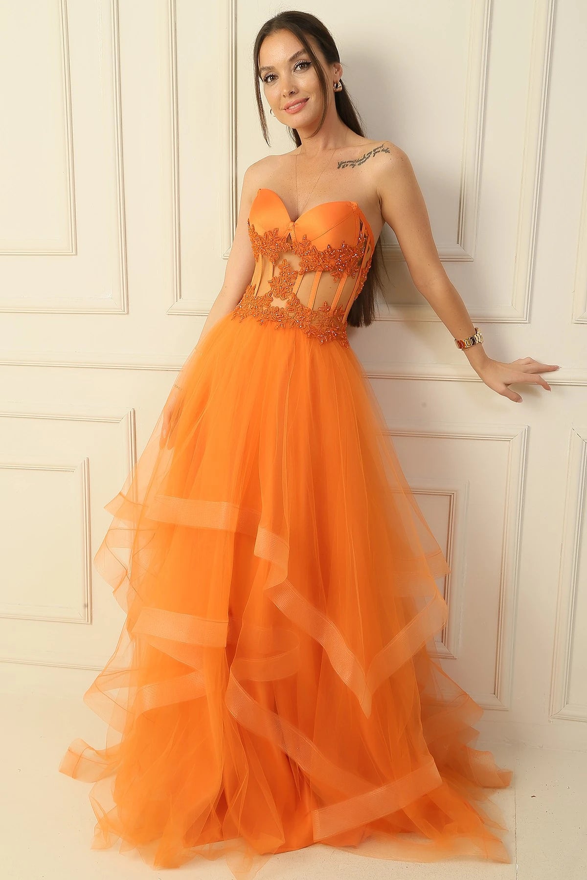 Image of Long, Layered Tulle Taffeta Evening Dress with Beaded Embellishments
