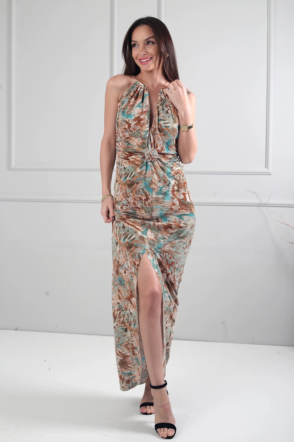 Image of Rochie lungă pentru femei cu accesoriu pentru guler, căptușită, cu model și material Lycra