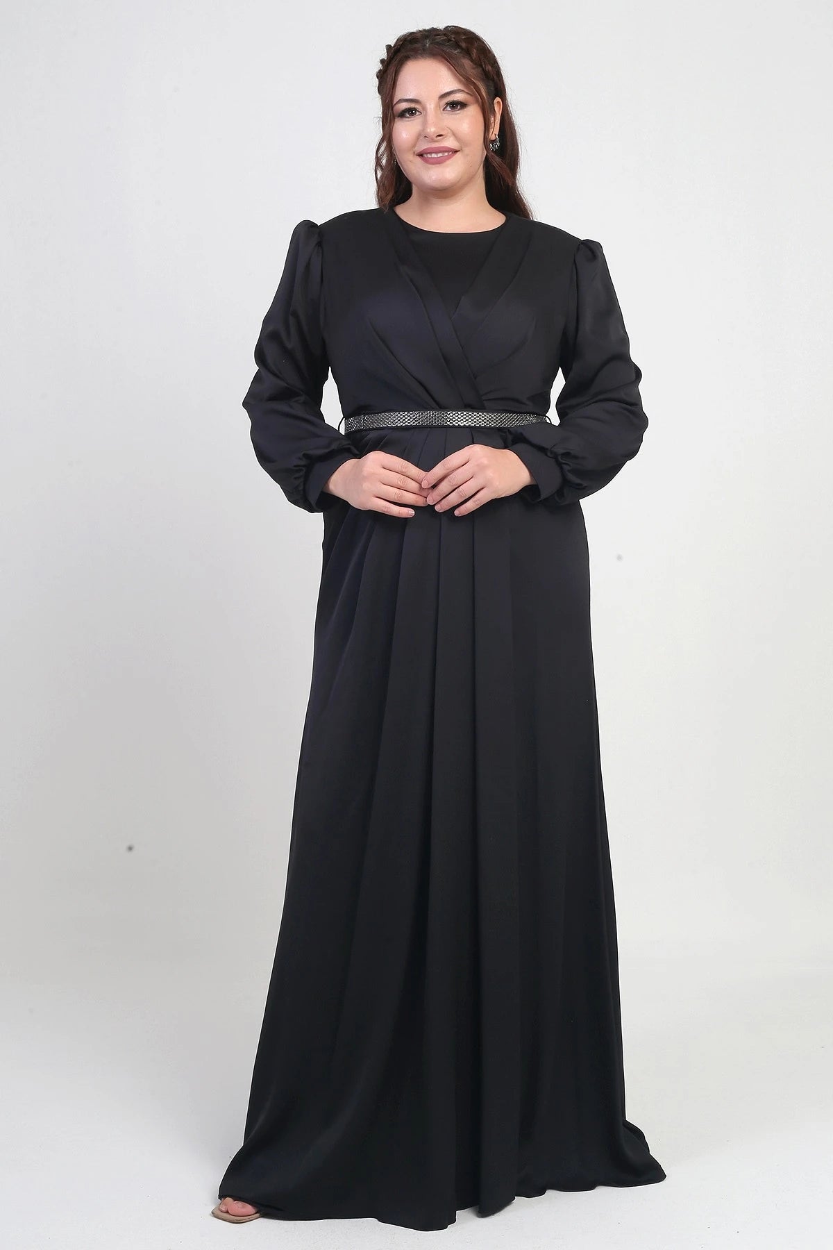 Image of Women's Wrap-Neck Look Pleated Lined Long Satin BB Dress
