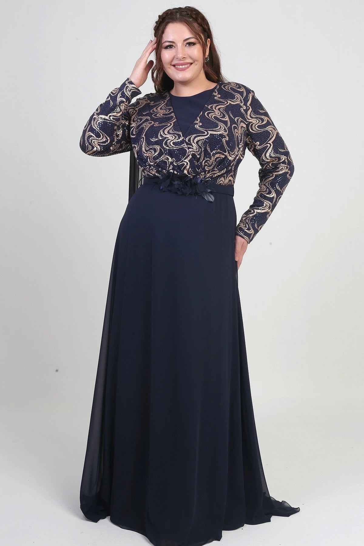Image of Women's Wrap-Neck Style Sequined Lined Chiffon Long BB Dress
