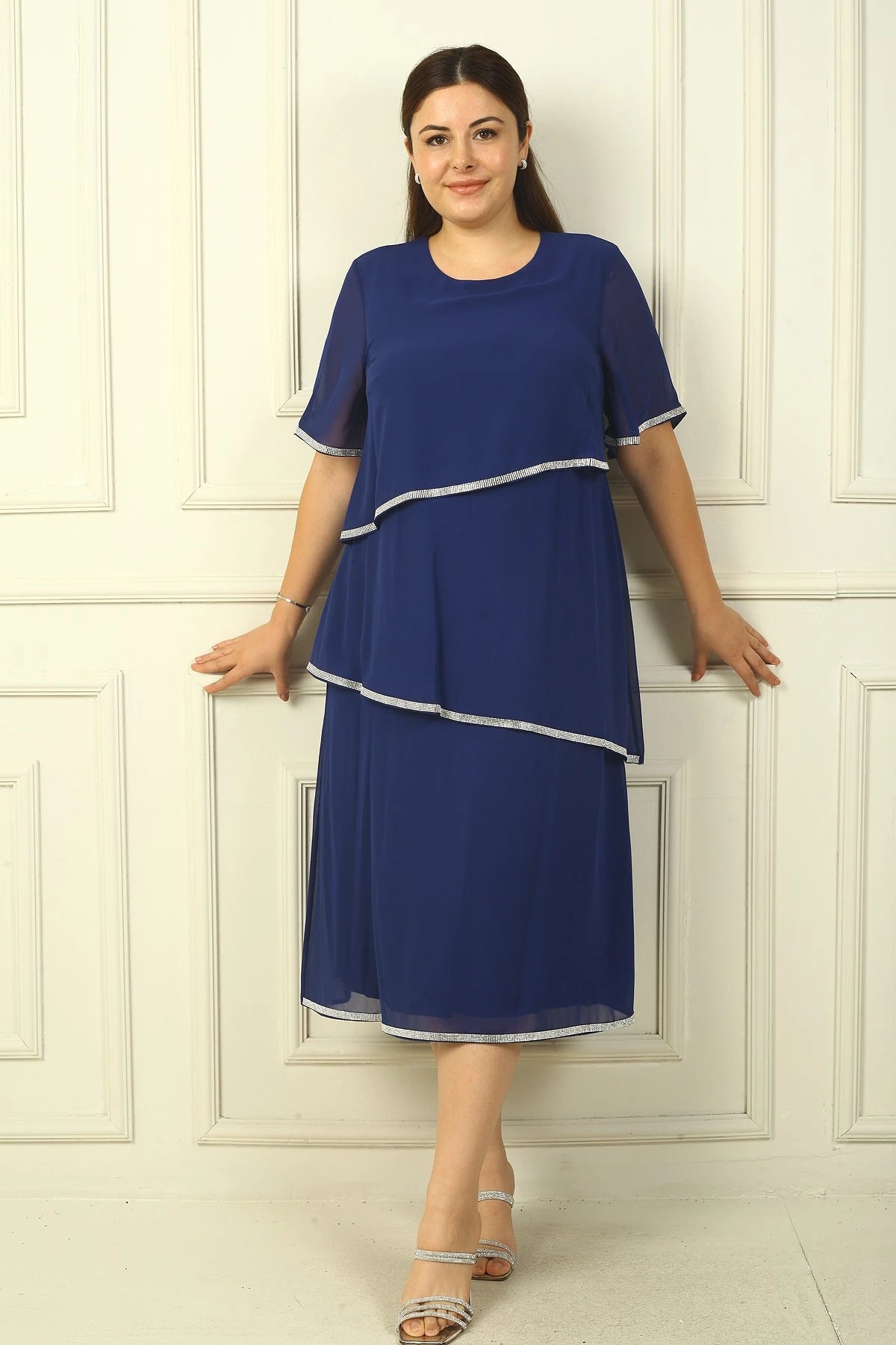 Image of Women's Plus Size Dress with Stone Embellishments, Lined, Short Sleeves, and Three Layers of Chiffon.