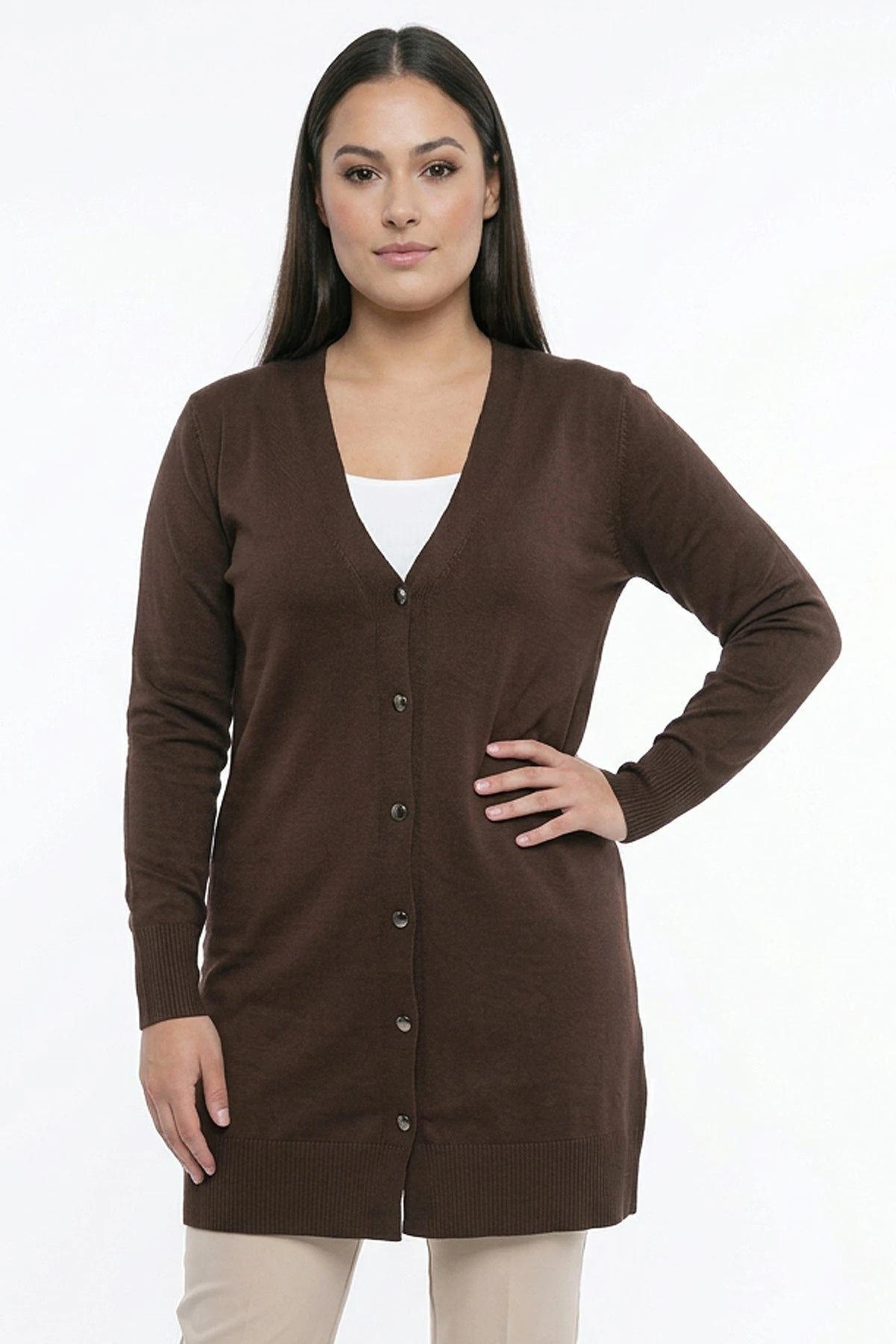 Image of Women's Plus Size Knitted Cardigan with Button Detail on Sleeves