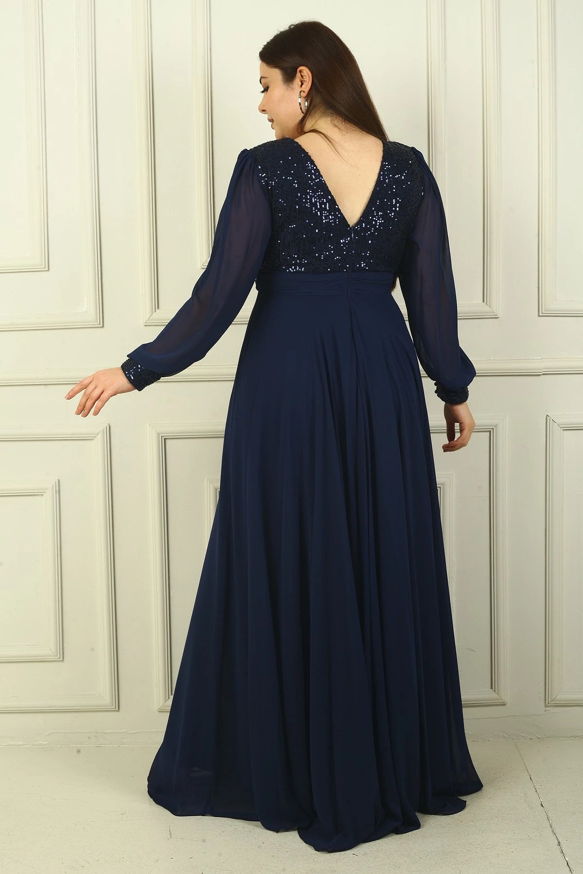 Image of Women's Front and Back V-Neck Sequined Lined Plus Size Long Chiffon Evening Dress