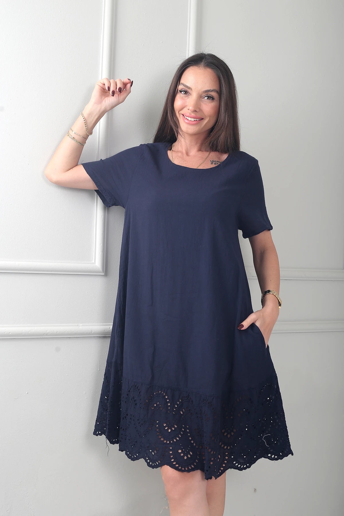 Image of Kadın İtalyan Kısa Kollu Eteği Fisto Astarlı Cepli Cotton Midi Elbise
