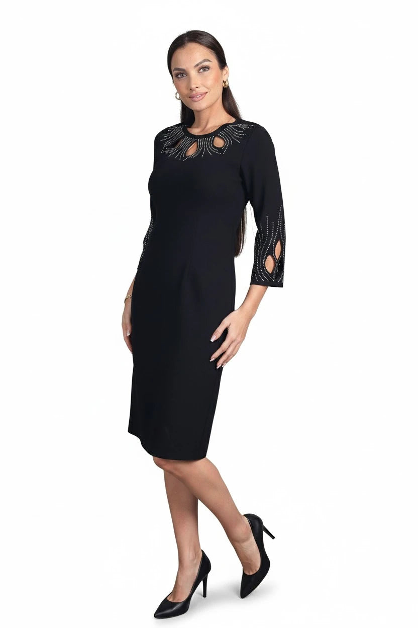 Image of Women's Laser-Cut Short Dress with Beaded Neckline and Cuffs and Lining
