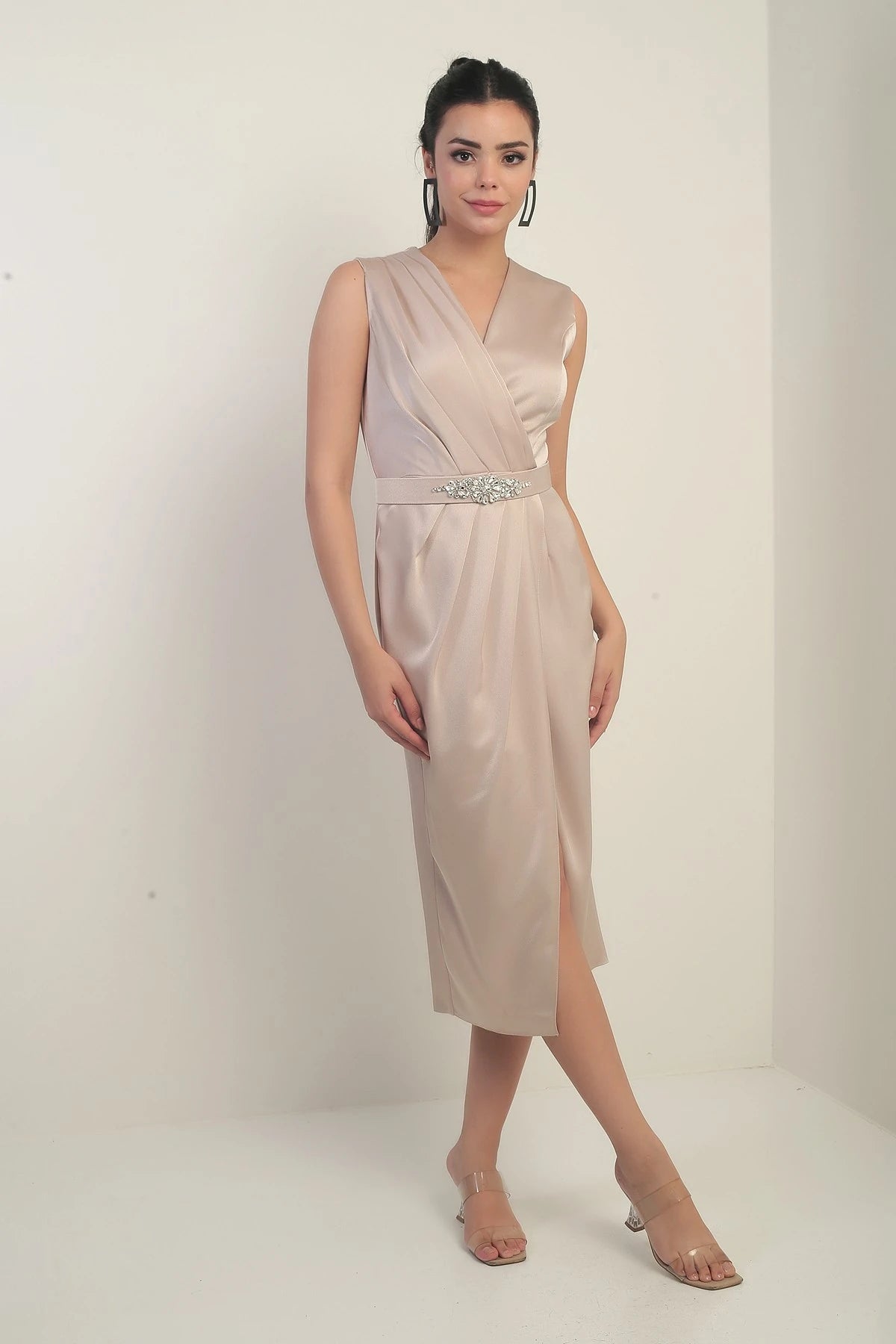 Image of Women's Wrap Neckline Front Pleated Belted Crepe Satin Dress