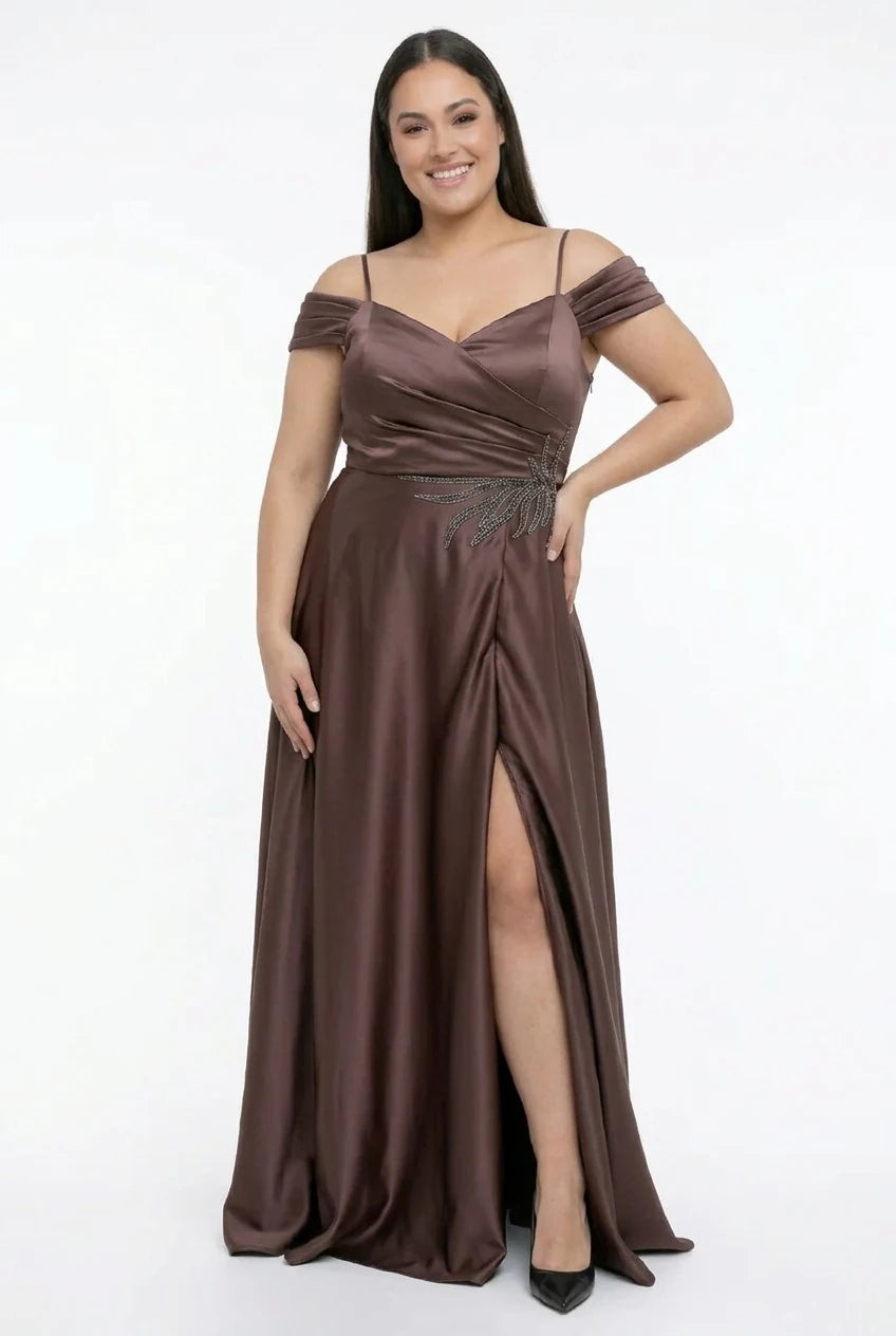 Image of Rochie de seară lungă din satin pentru femei, cu decolteu în V, bretele, mâneci căzute, cu imprimeu, mărime plus