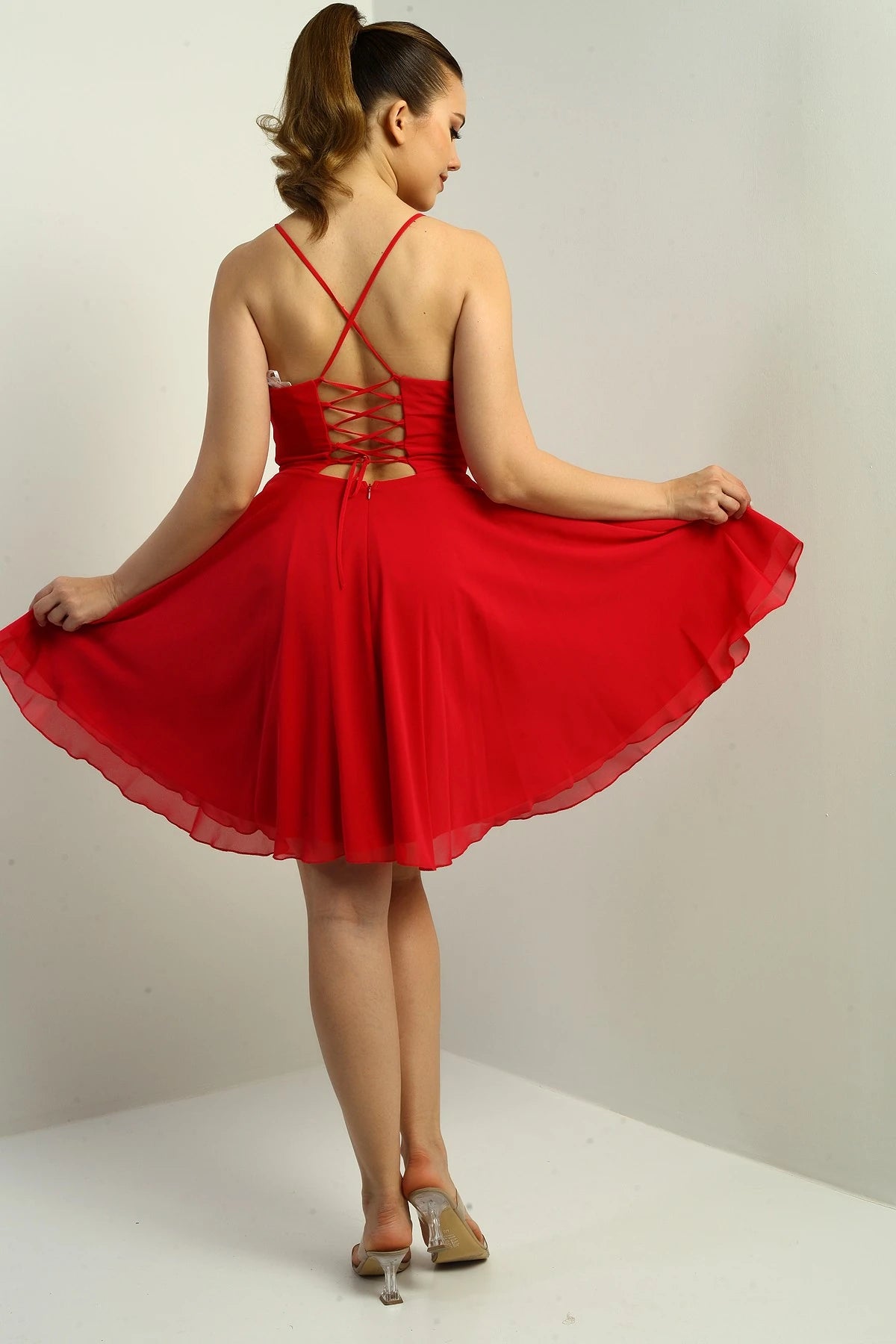 Image of Women's Strappy, Back-Tie, Front-Opening, Lined Chiffon Short Flared Dress