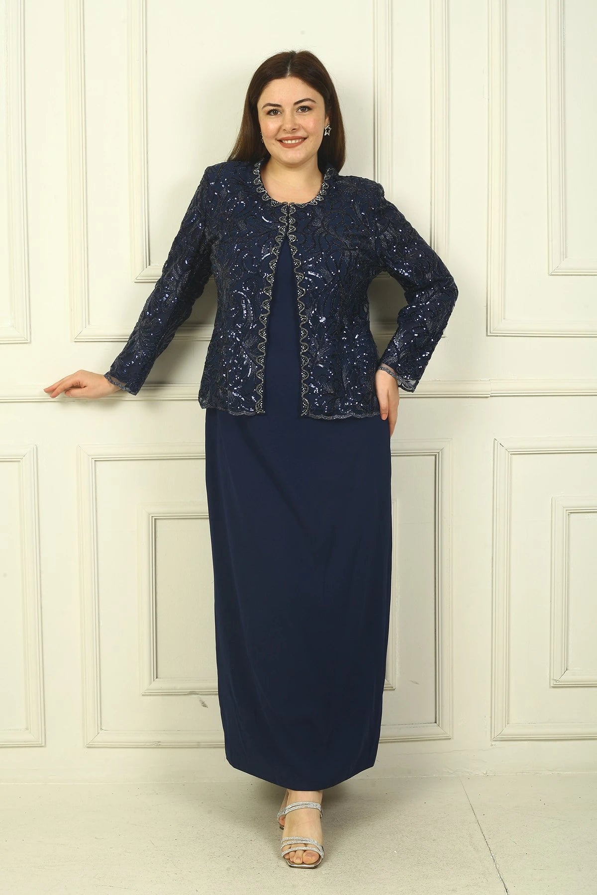 Image of Women's Sequin Embellished Beaded Tulle Jacket, Half-Moon Sleeve Long Dress, Lined Crepe, Plus Size 2-Piece Set