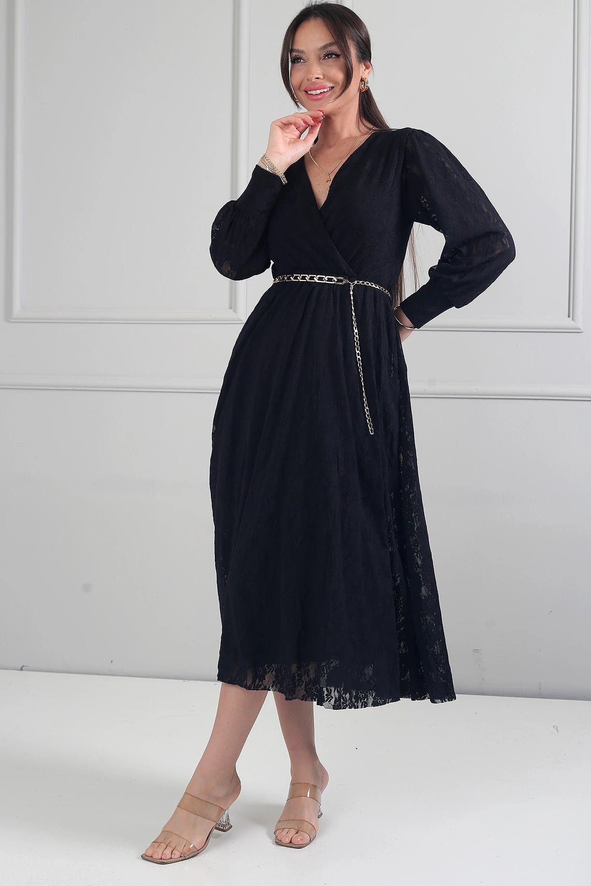 Image of Rochie midi din dantelă cu mânecă lungă și căptușeală, cu decolteu înfășurat și decolteu înfășurat pentru femei