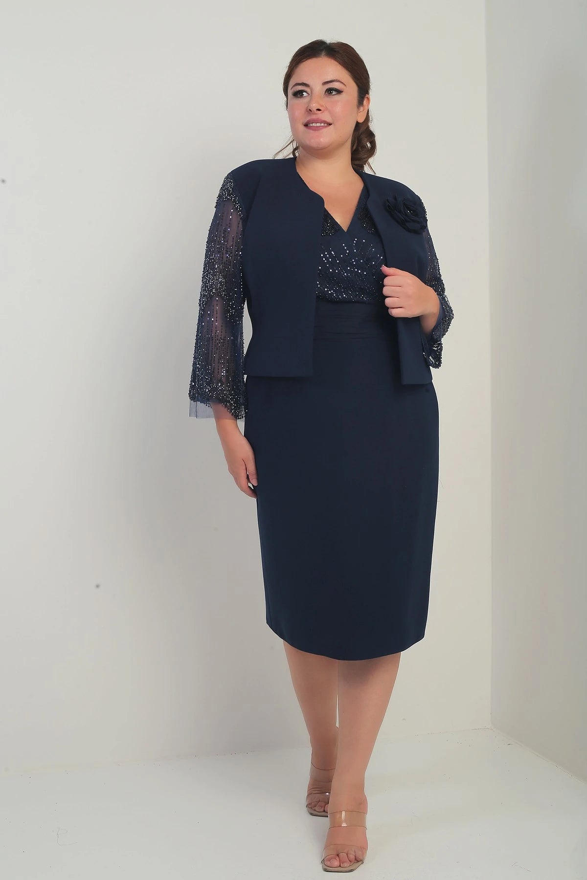 Image of Women's Wrap Neckline Draped Waist Dress with Tulle Sleeves, Lined Jacket with Sequin Details, Plus Size Two-Piece Set