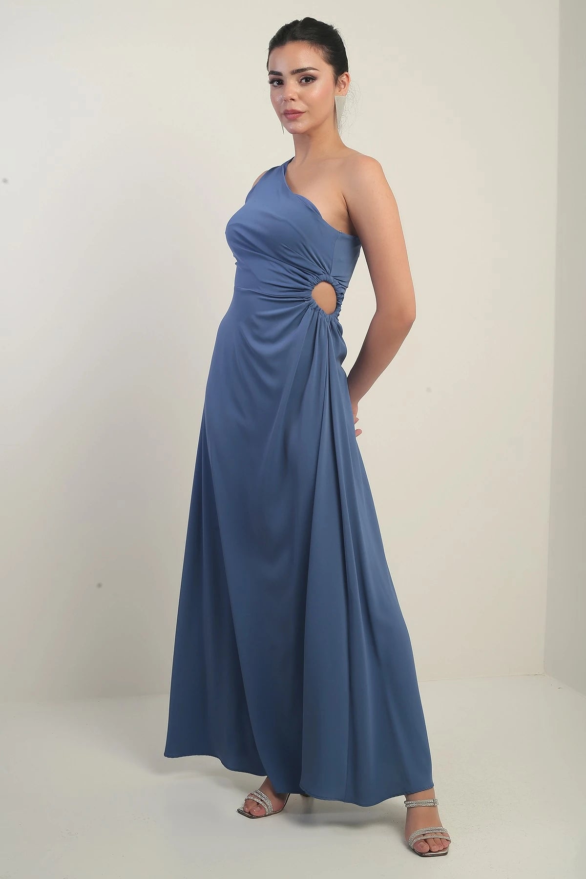 Image of Women's One-Shoulder Long Crepe Satin Dress with Side Window Detail