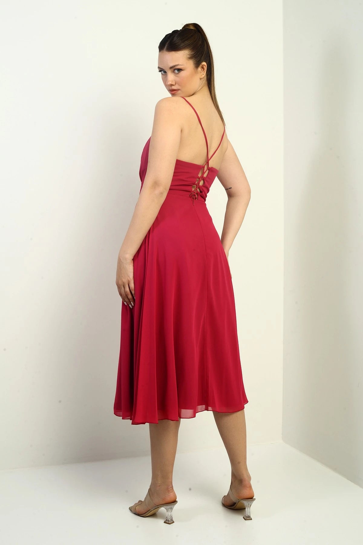 Image of Women's Strappy Wrap Neckline Lined Lace-Up Back Flared Chiffon Dress