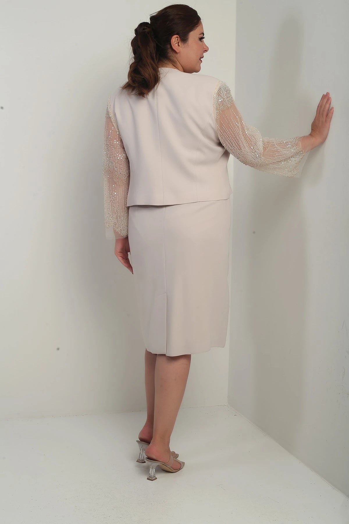 Image of Women's Wrap Neckline Draped Waist Dress with Tulle Sleeves, Lined Jacket with Sequin Details, Plus Size Two-Piece Set