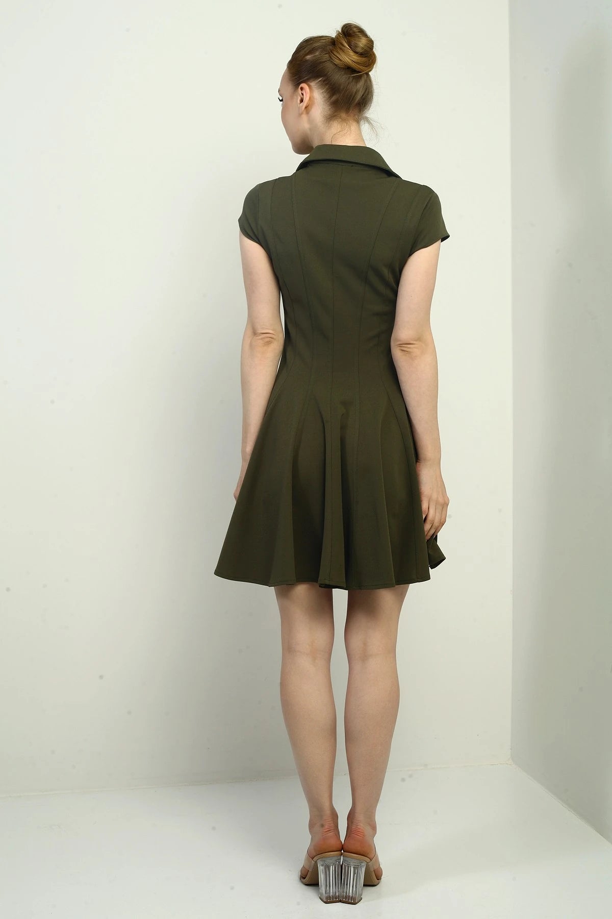 Image of Women's Polo Collar Long Sleeve Lycra Flared Short Dress