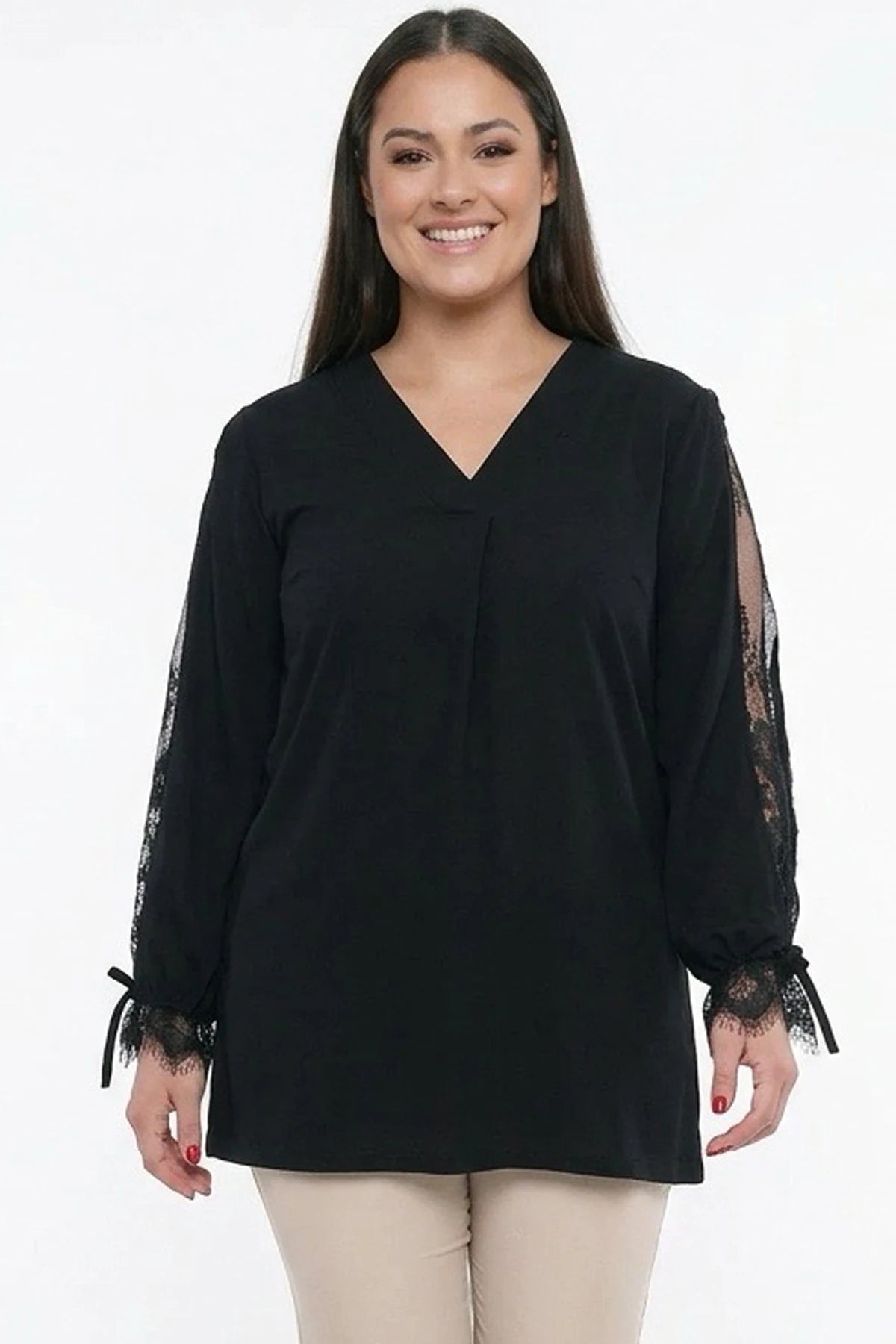 Image of Women's Plus Size Blouse with Lace Pleat Detail on Sleeves, Lycra, Crystal Viscose