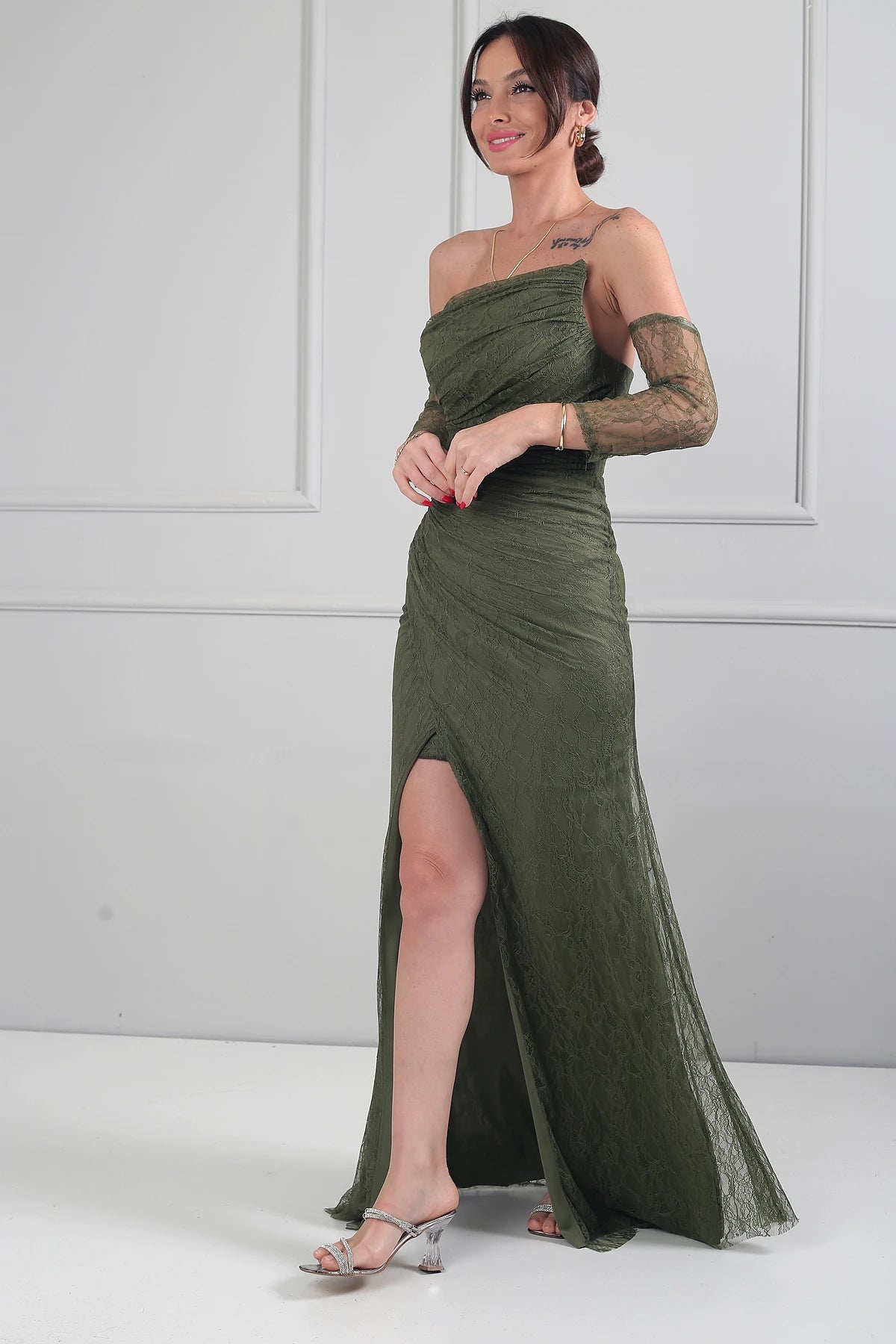 Image of Kadın 3 Parçalı Tasarım Abiye Straplez Önü Büzgülü Astarlı Uzun Elbise Dik Yaka Dantel Bluz