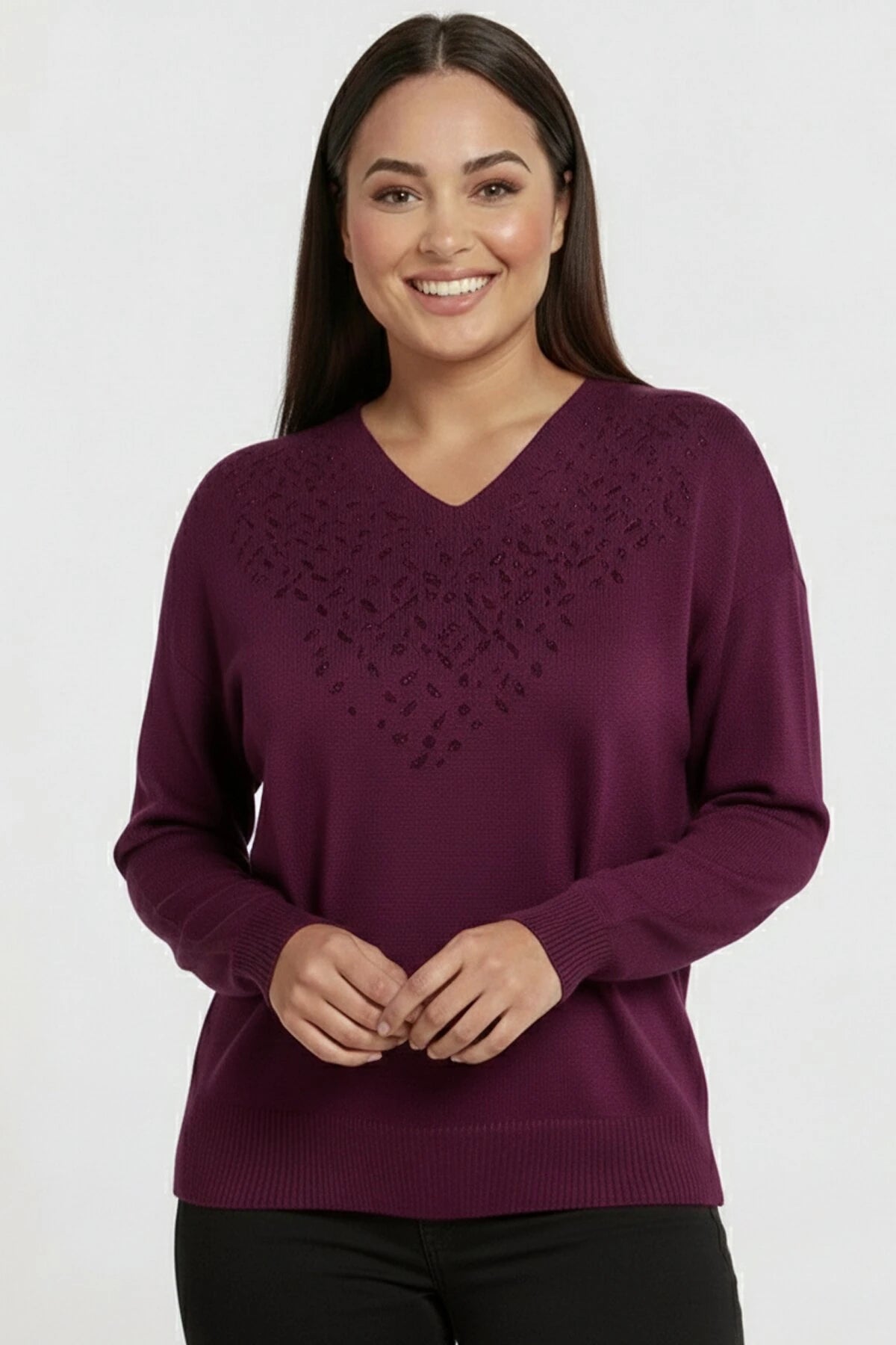 Image of Women's V-Neck Plus Size Knitted Blouse with Glitter Detail on the Front