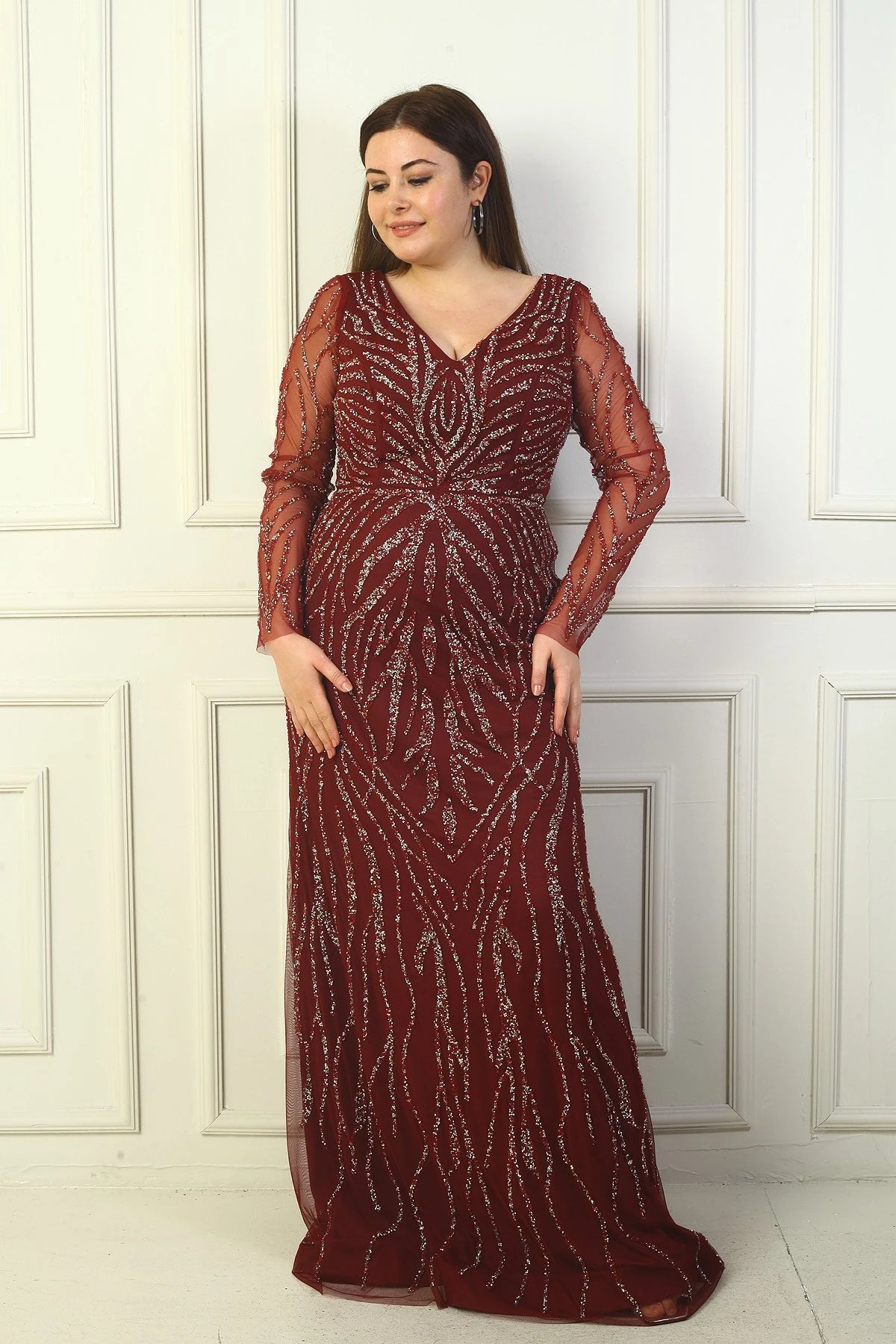 Image of Front and Back V-Neck, Tulle Sleeves, Lined, Embellished Long Plus Size Dress